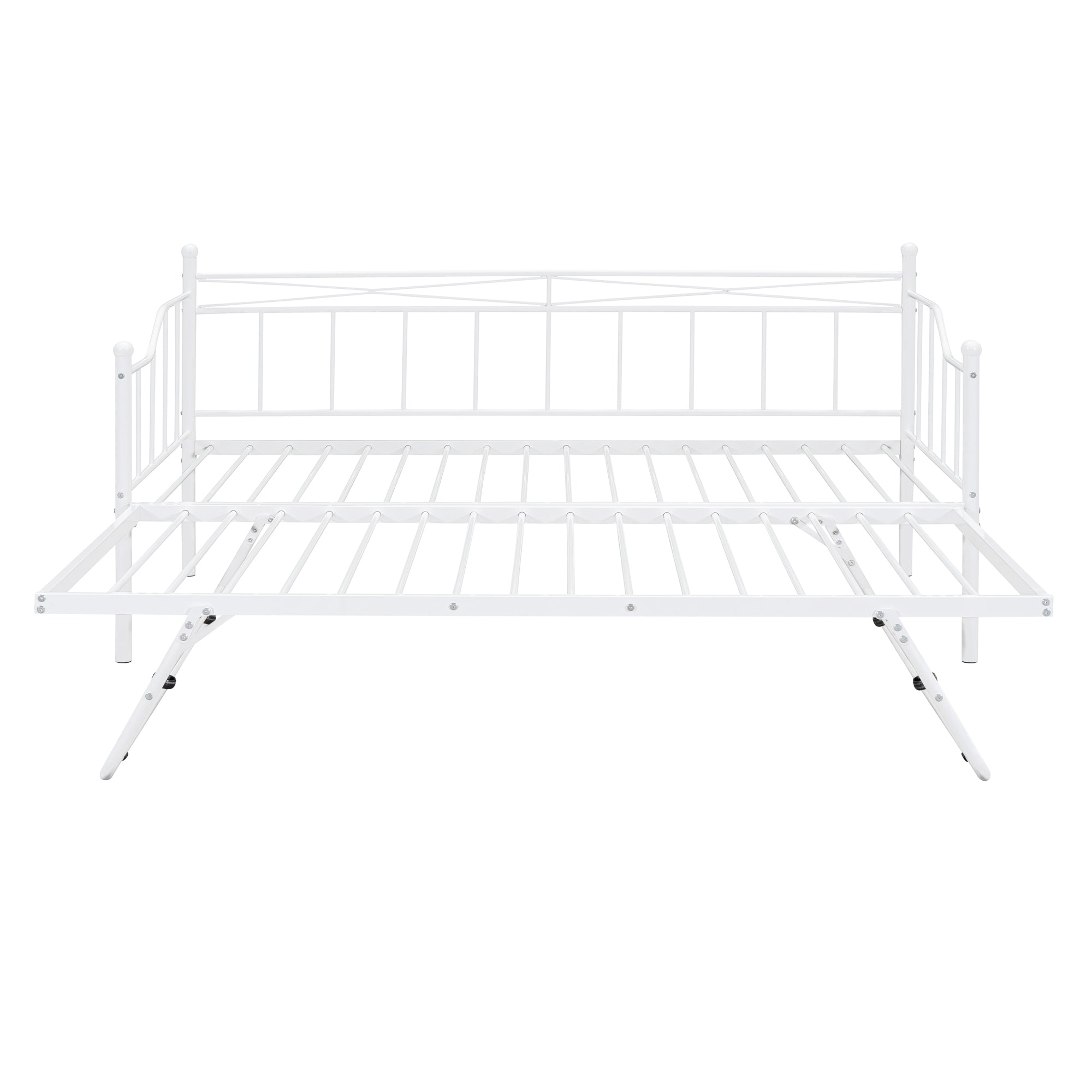 Twin Size Metal Daybed with Twin Size Adjustable Trundle, Portable Folding Trundle, White