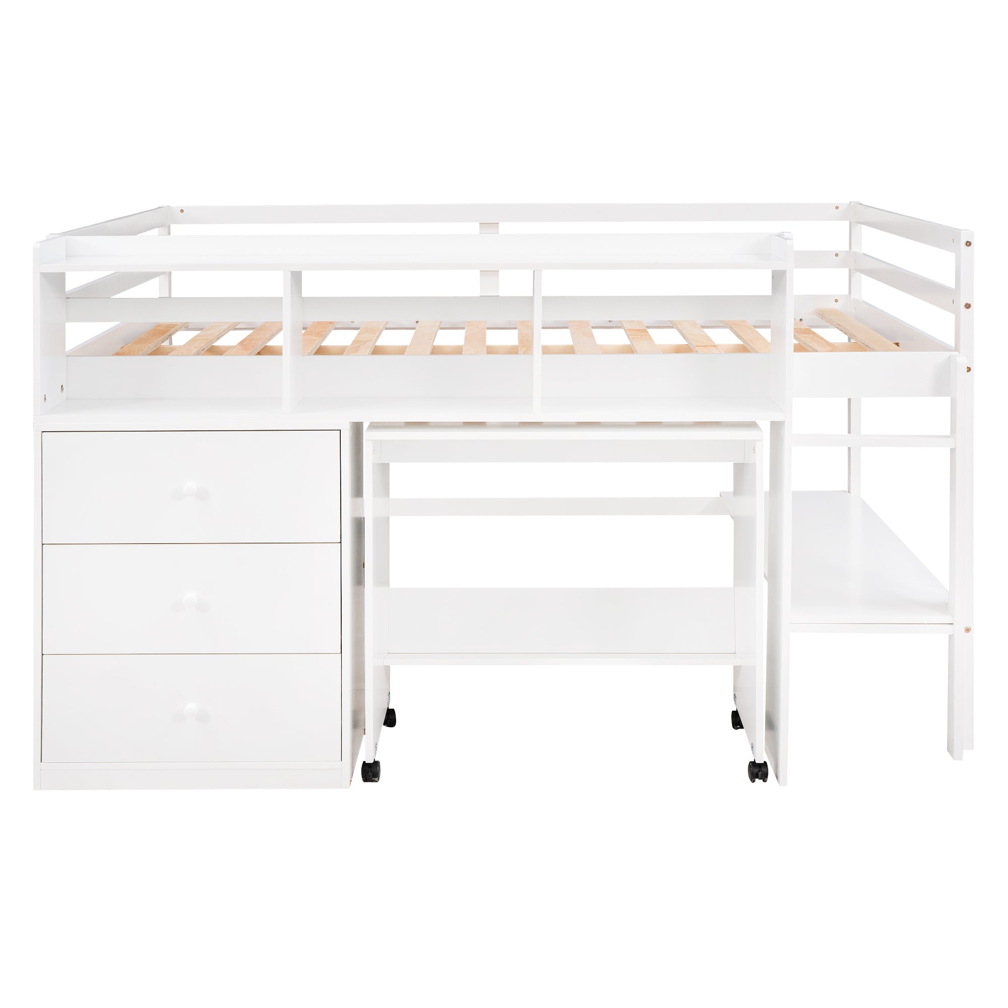 Full Size Low Loft Bed with Rolling Portable Desk, Drawers and Shelves, White(Old SKU: GX000711AAK)