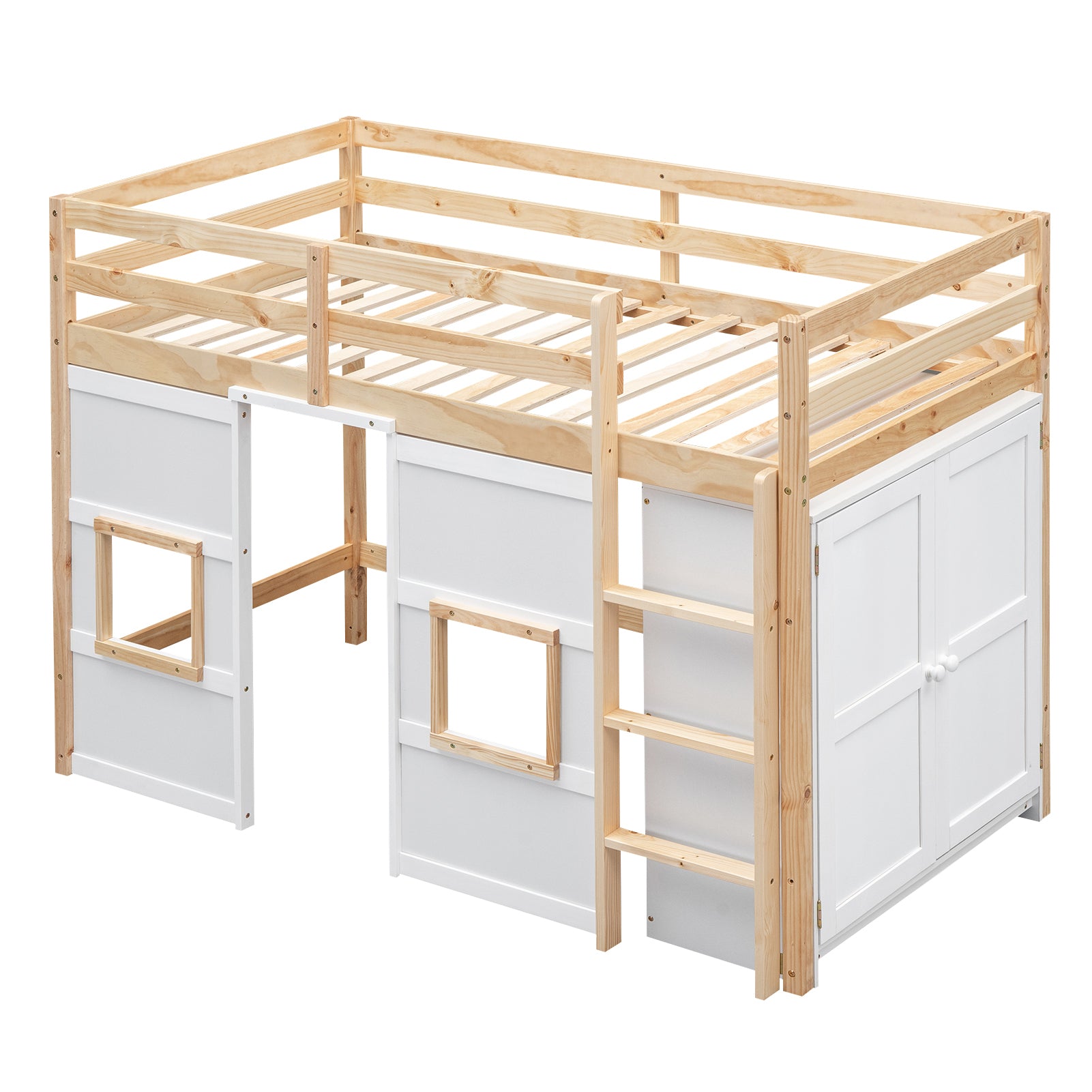 Wood Twin Size Loft Bed with Built-in Storage Wardrobe and 2 Windows, Natural/White - Atlantic Fine Furniture Melbourne FL