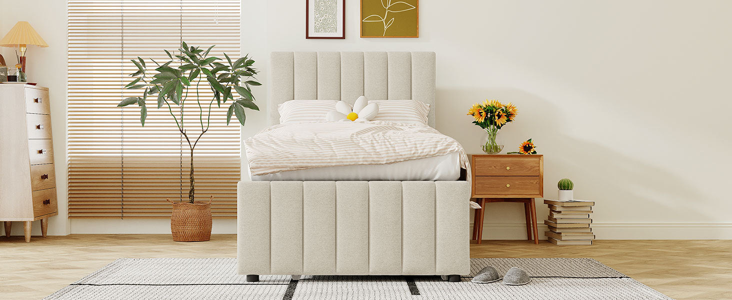 Twin Size Upholstered Platform Bed with Trundle and 3 Drawers, Linen Fabric, Beige - Atlantic Fine Furniture Melbourne FL