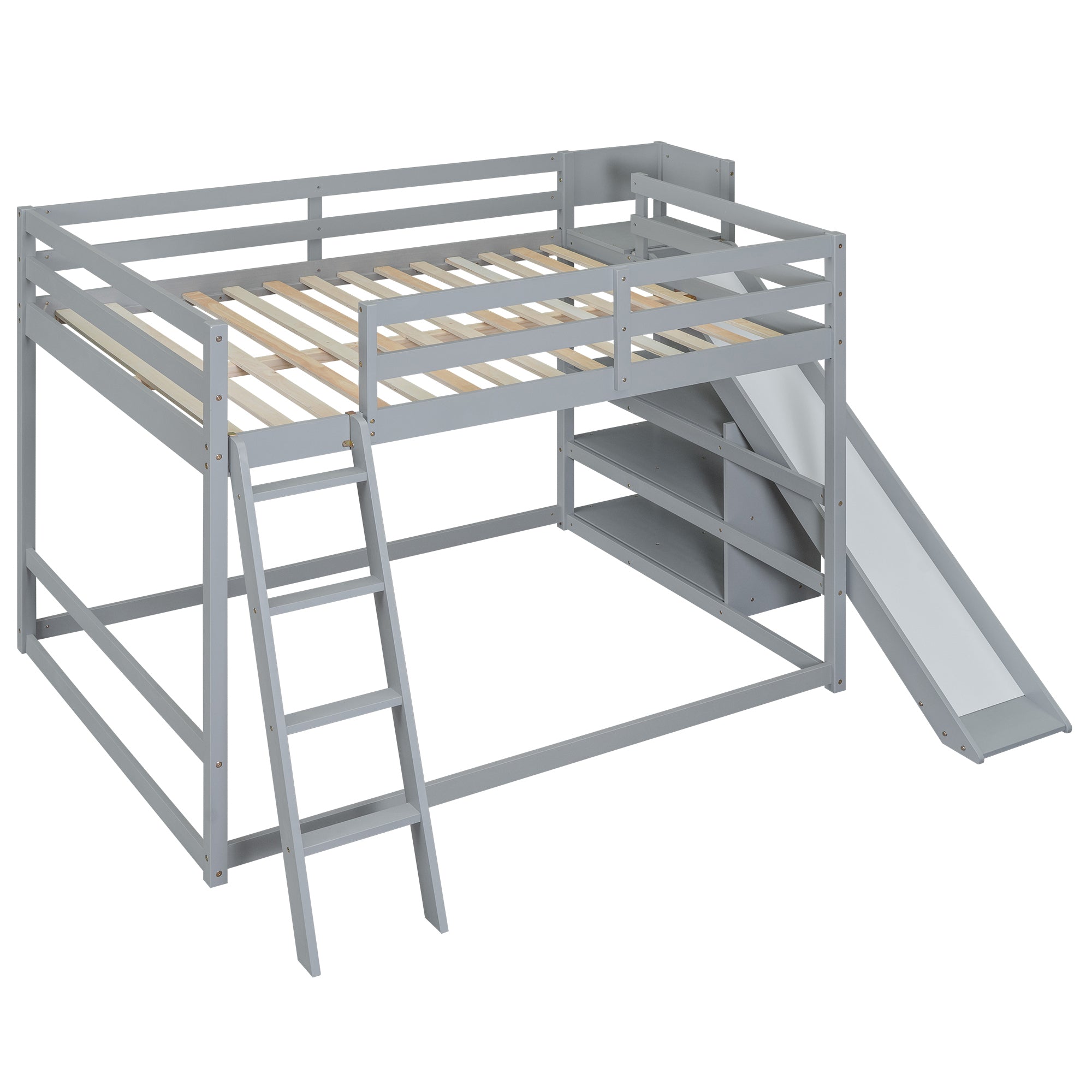 Full over Full Bunk Bed with Ladder, Slide and Shelves, Gray - Atlantic Fine Furniture Melbourne FL
