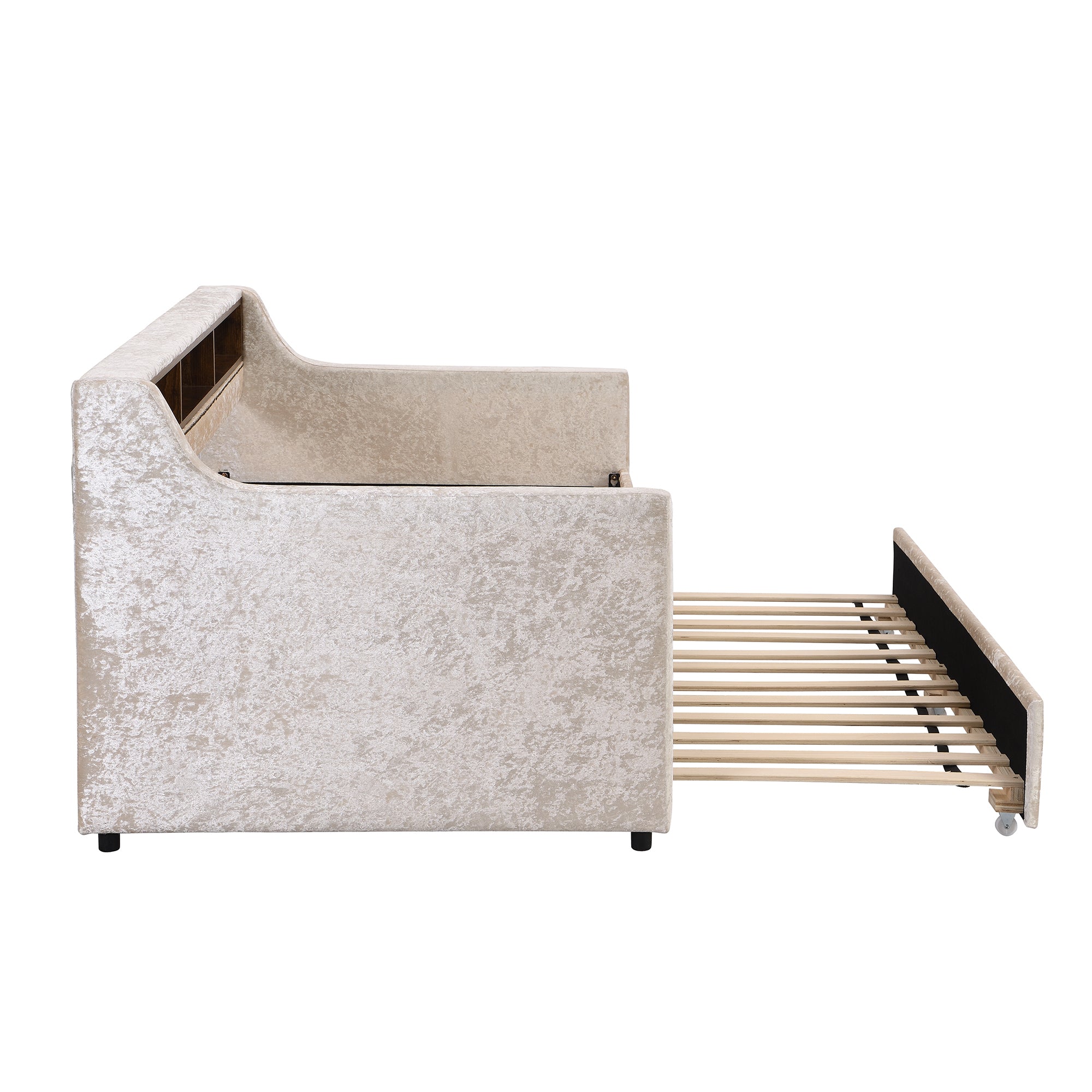 Twin Size Snowflake Velvet Daybed with Trundle and Built-in Storage Shelves,Beige - Atlantic Fine Furniture Melbourne FL