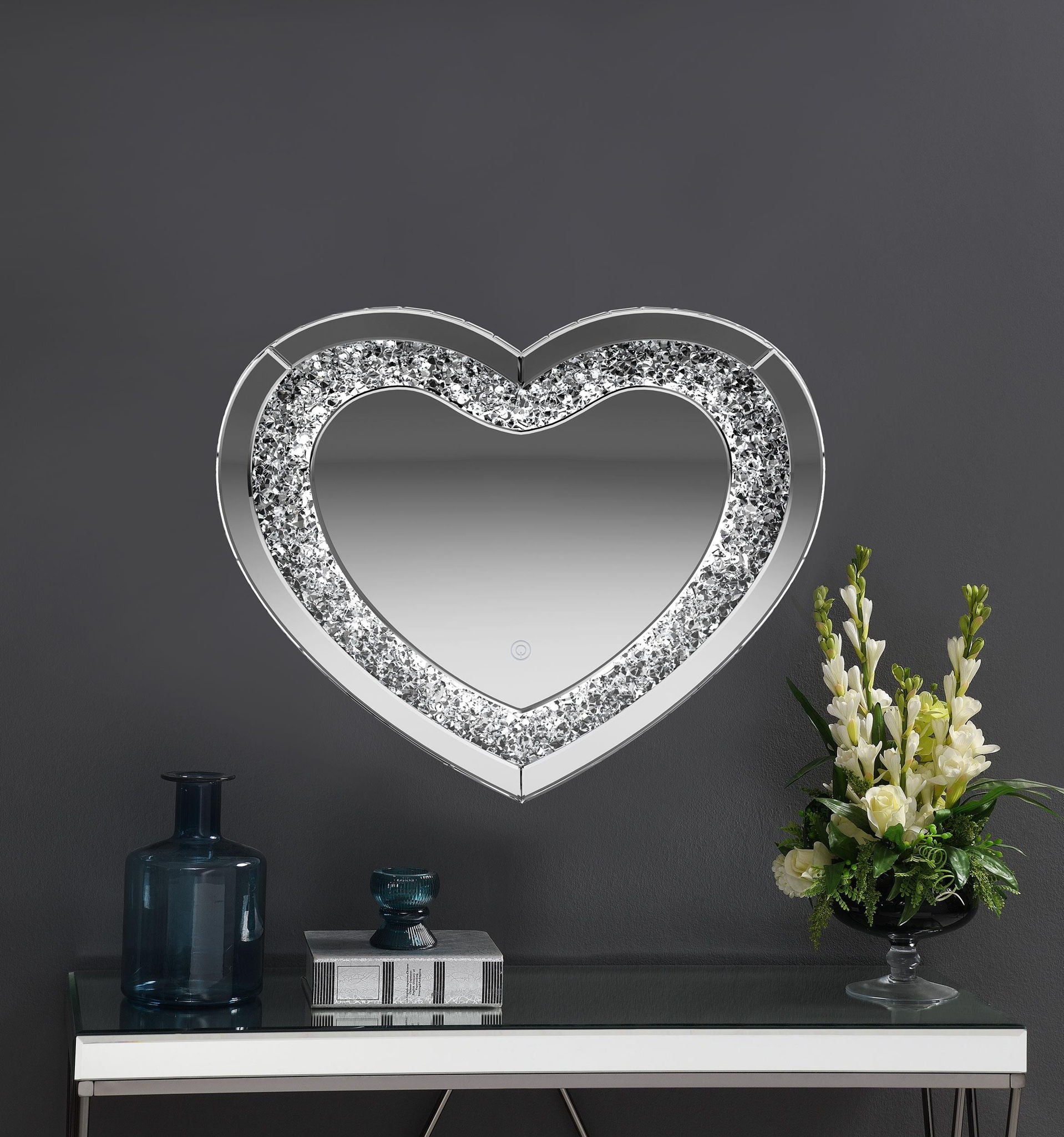 Aiko 36 x 30 Inch Heart Shaped LED Light Wall Mirror Silver