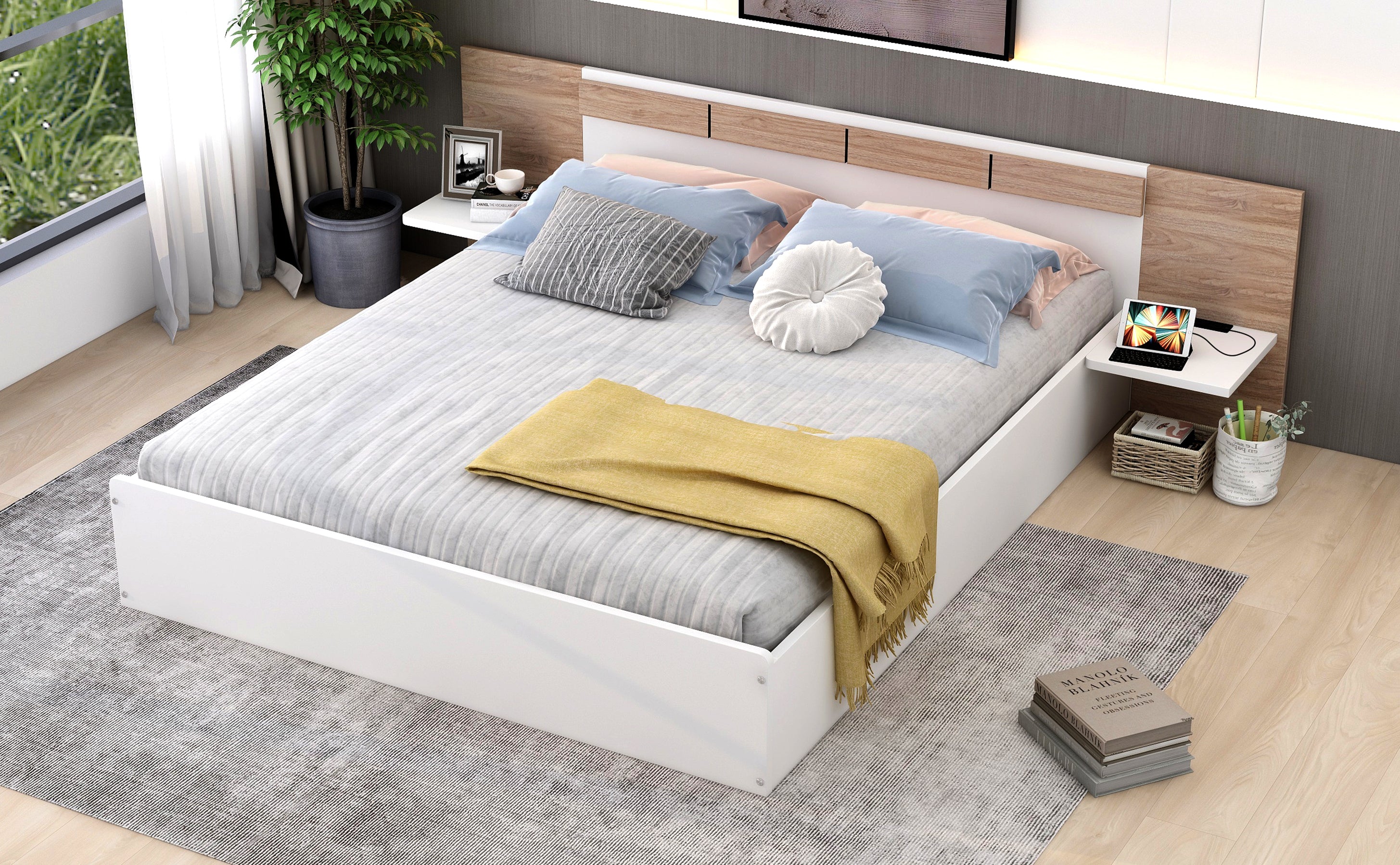 Queen Size Platform Bed with Headboard, Shelves, USB Ports and Sockets, White - Atlantic Fine Furniture Melbourne FL