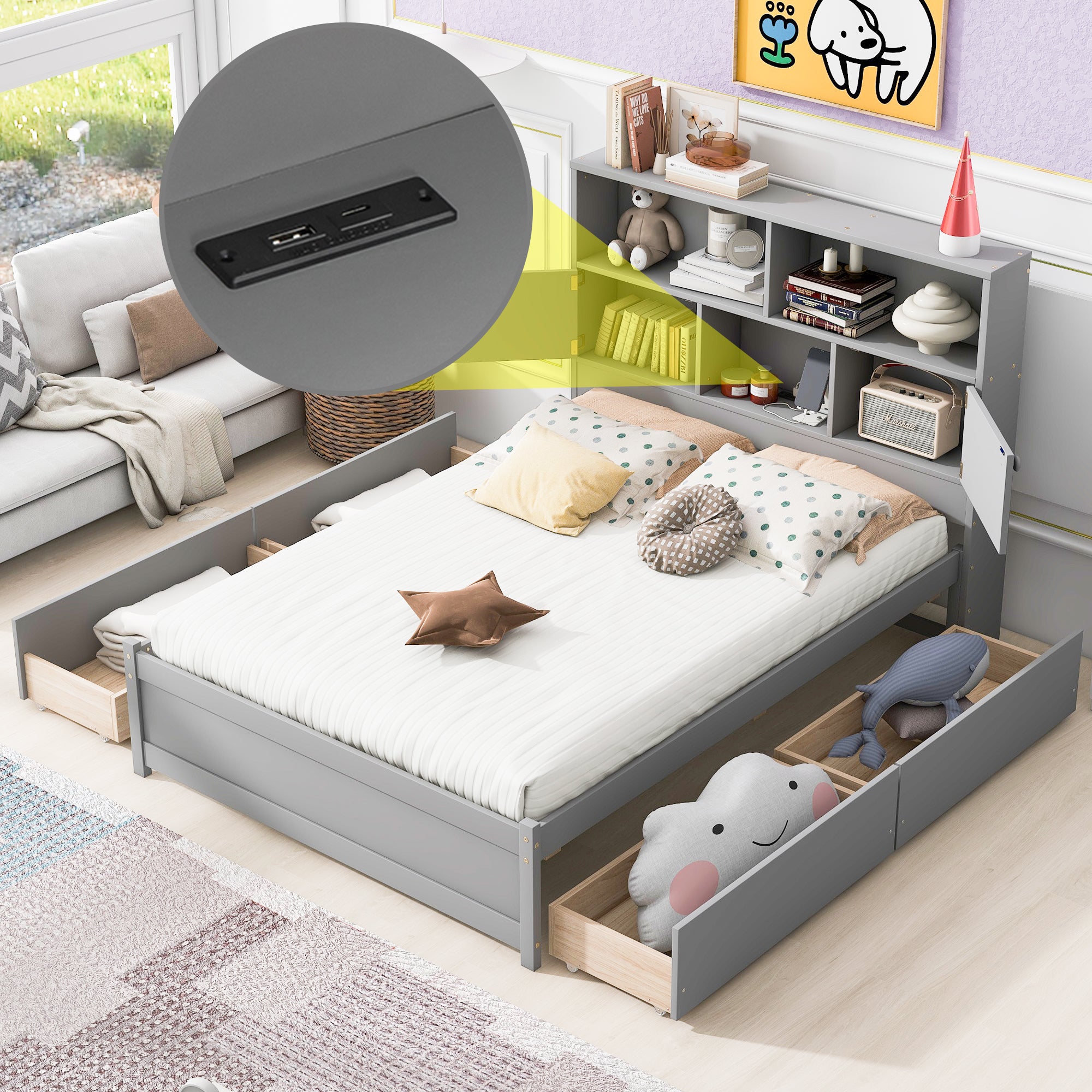 Full Size Platform Bed with Storage Headboard, Charging Station and 4 Drawers, Gray - Atlantic Fine Furniture Melbourne FL