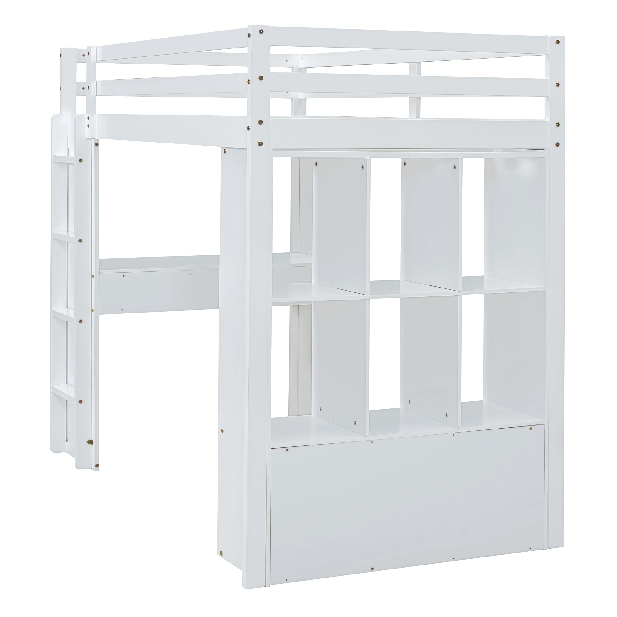 Full Size Loft Bed with large shelves, writing desk and LED Light, White - Atlantic Fine Furniture Melbourne FL