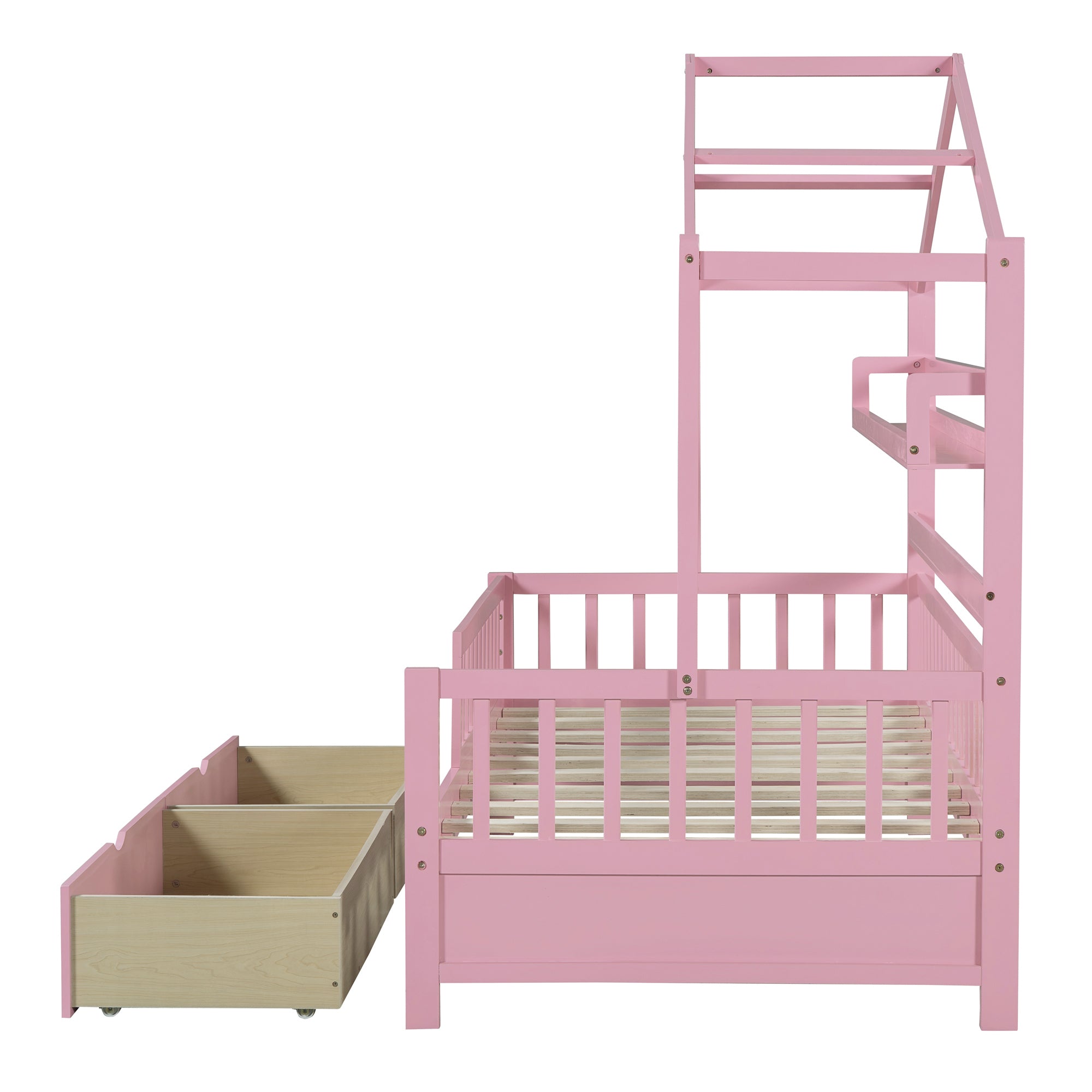 Wooden Twin Size House Bed with 2 Drawers,Kids Bed with Storage Shelf, Pink - Atlantic Fine Furniture Melbourne FL