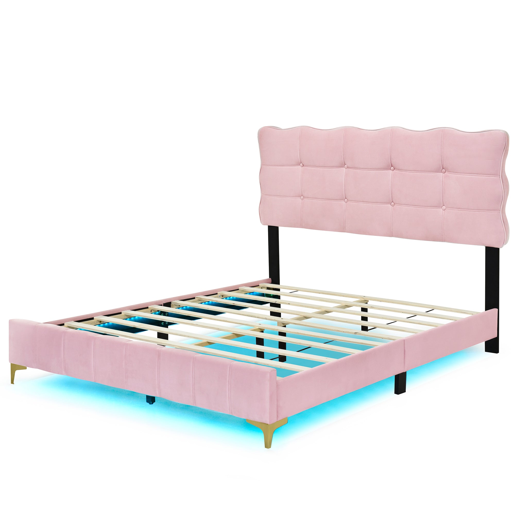 Queen Size Velvet Platform Bed with LED Frame and Stylish Mental Bed Legs, Pink - Atlantic Fine Furniture Melbourne FL