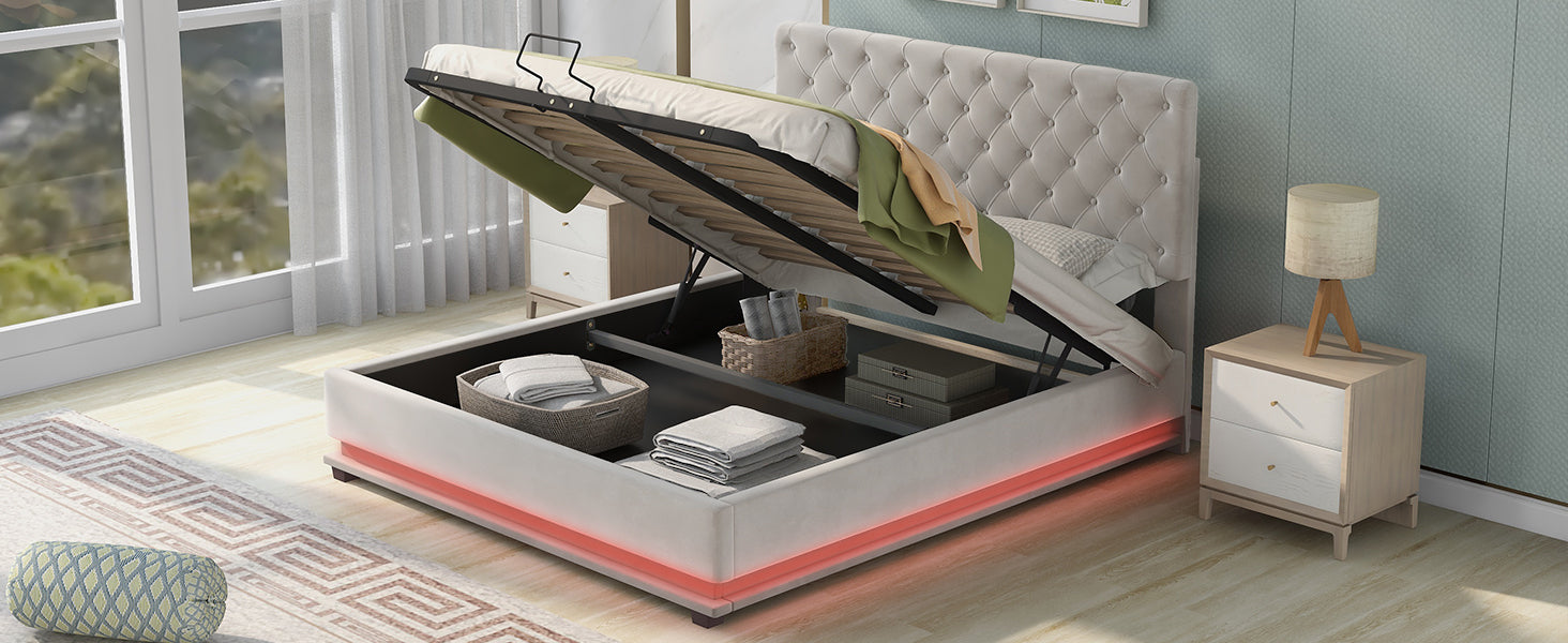 Queen Size Storage Upholstered Platform Bed with Adjustable Tufted Headboard and LED Light, Beige - Atlantic Fine Furniture Melbourne FL