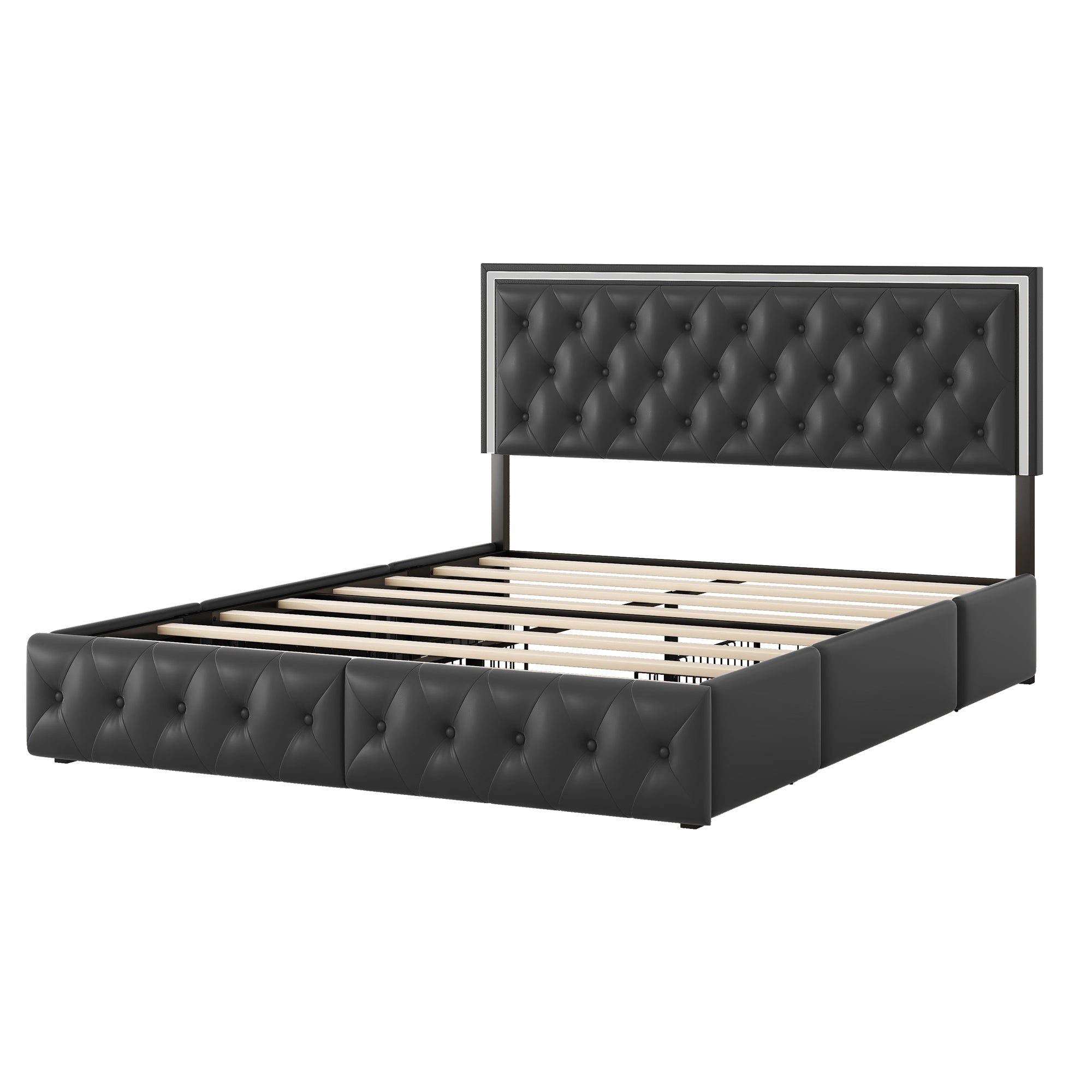 Queen Upholstered Bed Frame with 4 Storage Drawers, PU Leather Platform Bed with LED Headboard, No Box Spring Needed, Black