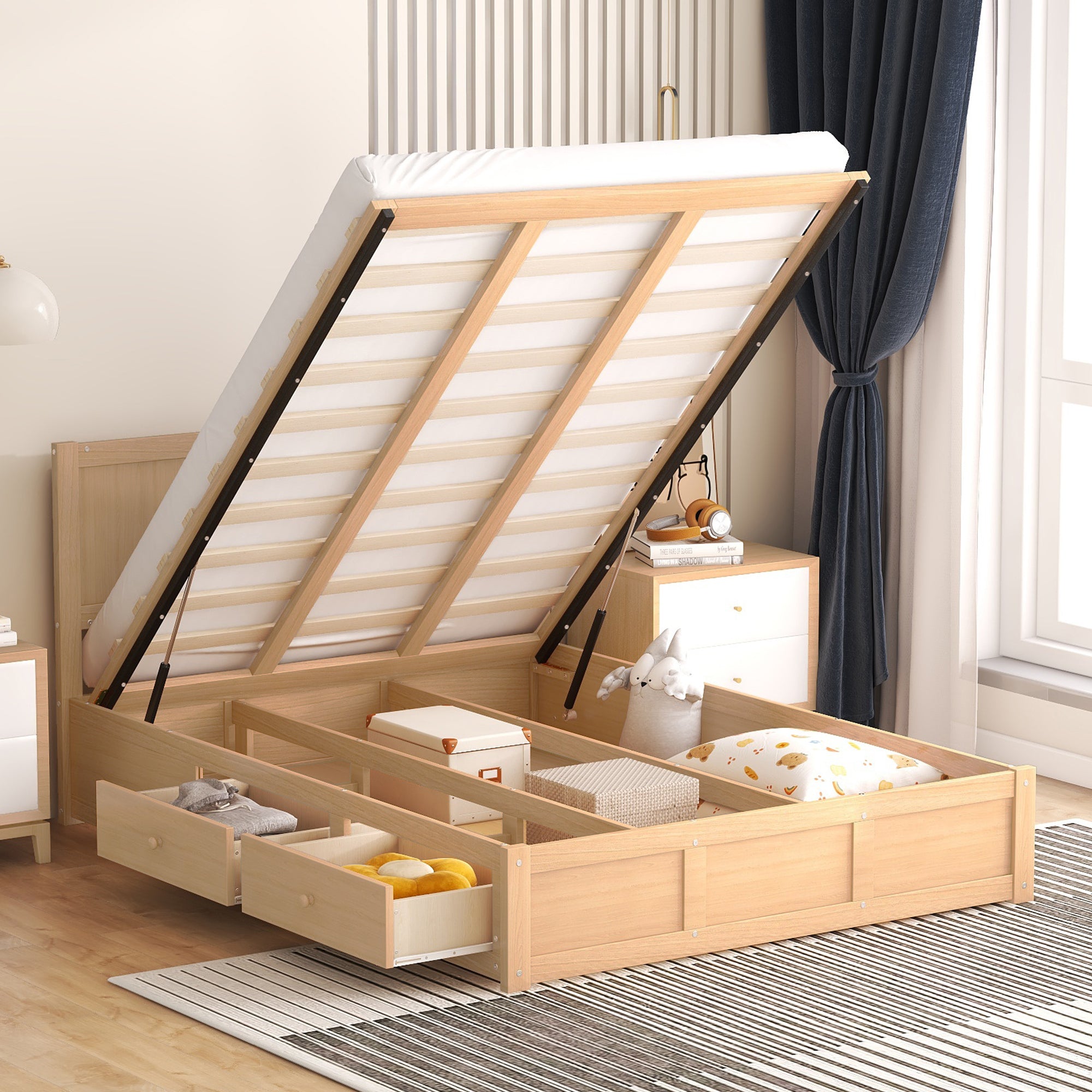 Full Size Wood Platform Bed with Underneath Storage and 2 Drawers, Wood Color - Atlantic Fine Furniture Melbourne FL