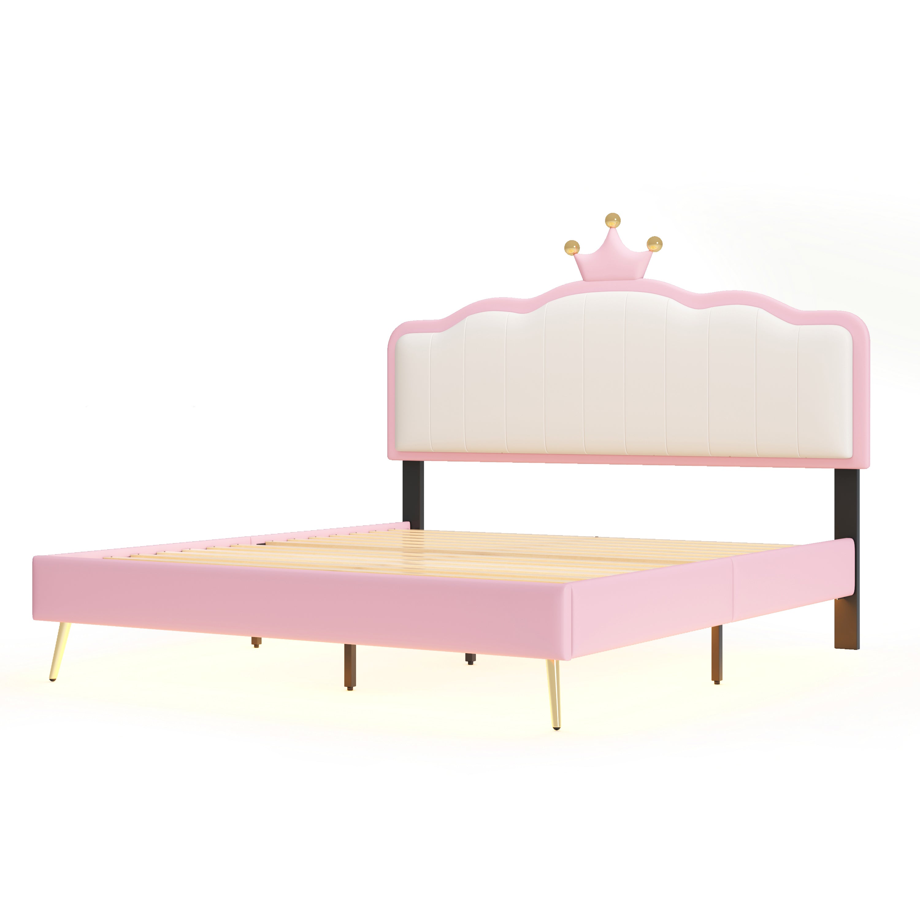 Full size Upholstered Princess Bed With Crown Headboard,Full Size Platform Bed with Headboard and Footboard with Light Strips,Golden Metal Legs, White+Pink - Atlantic Fine Furniture Melbourne FL