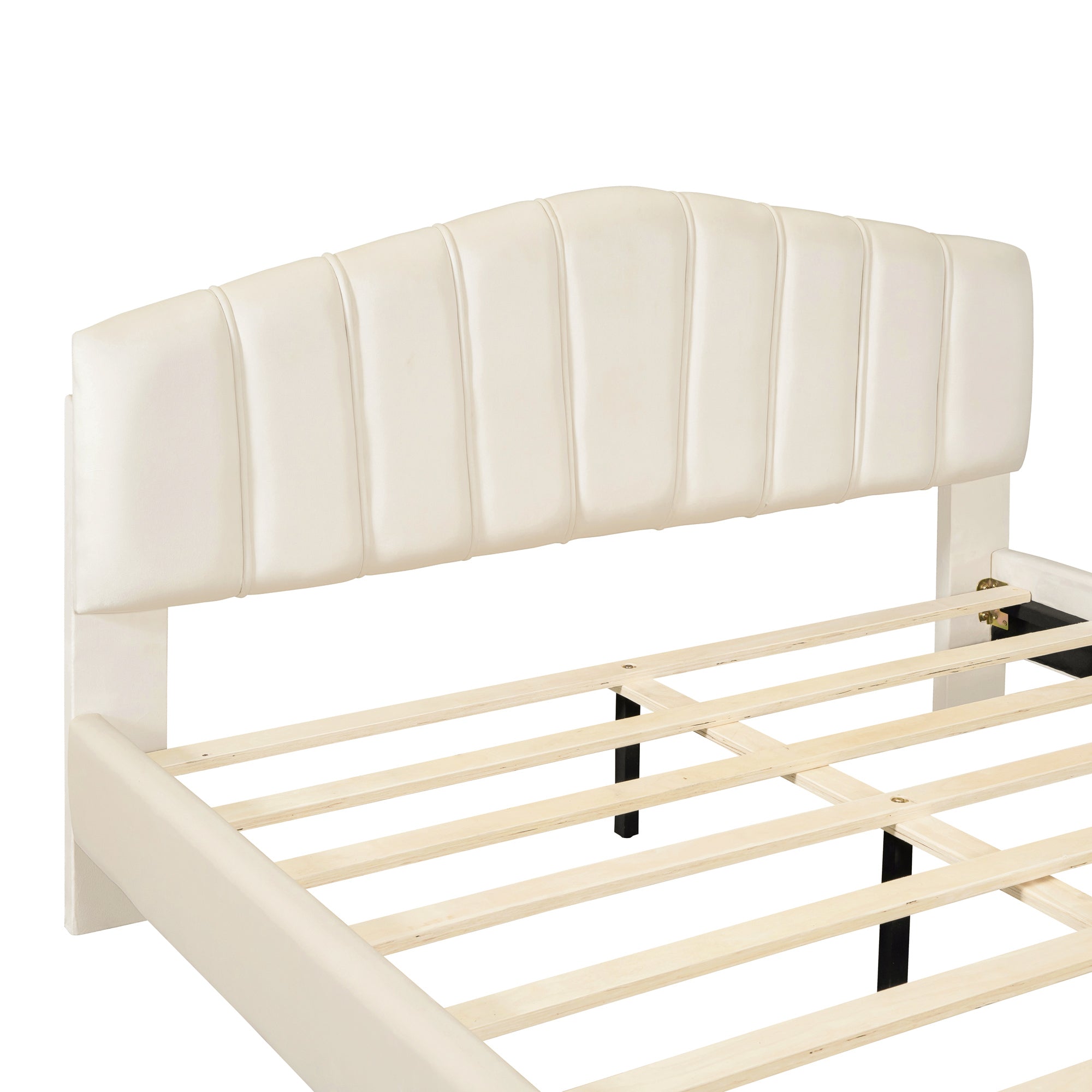 Queen Size Velvet Platform Bed with Thick Fabric, Stylish Stripe Decorated Bedboard and Elegant Metal Bed Leg, Beige - Atlantic Fine Furniture Melbourne FL