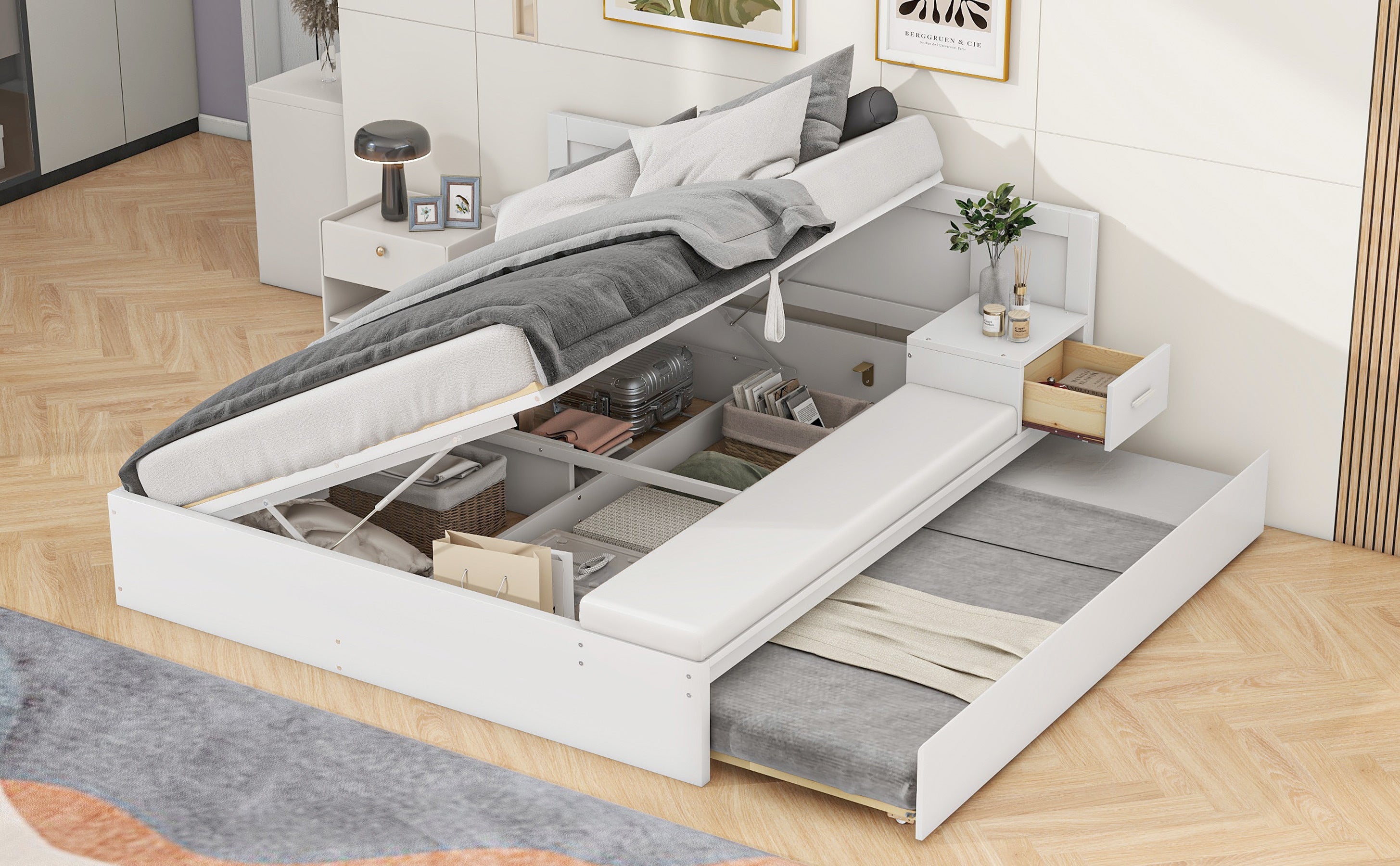 Full Size Wood Storage Hydraulic Platform Bed with Twin Size Trundle, Side Table and Lounge, White - Atlantic Fine Furniture Melbourne FL