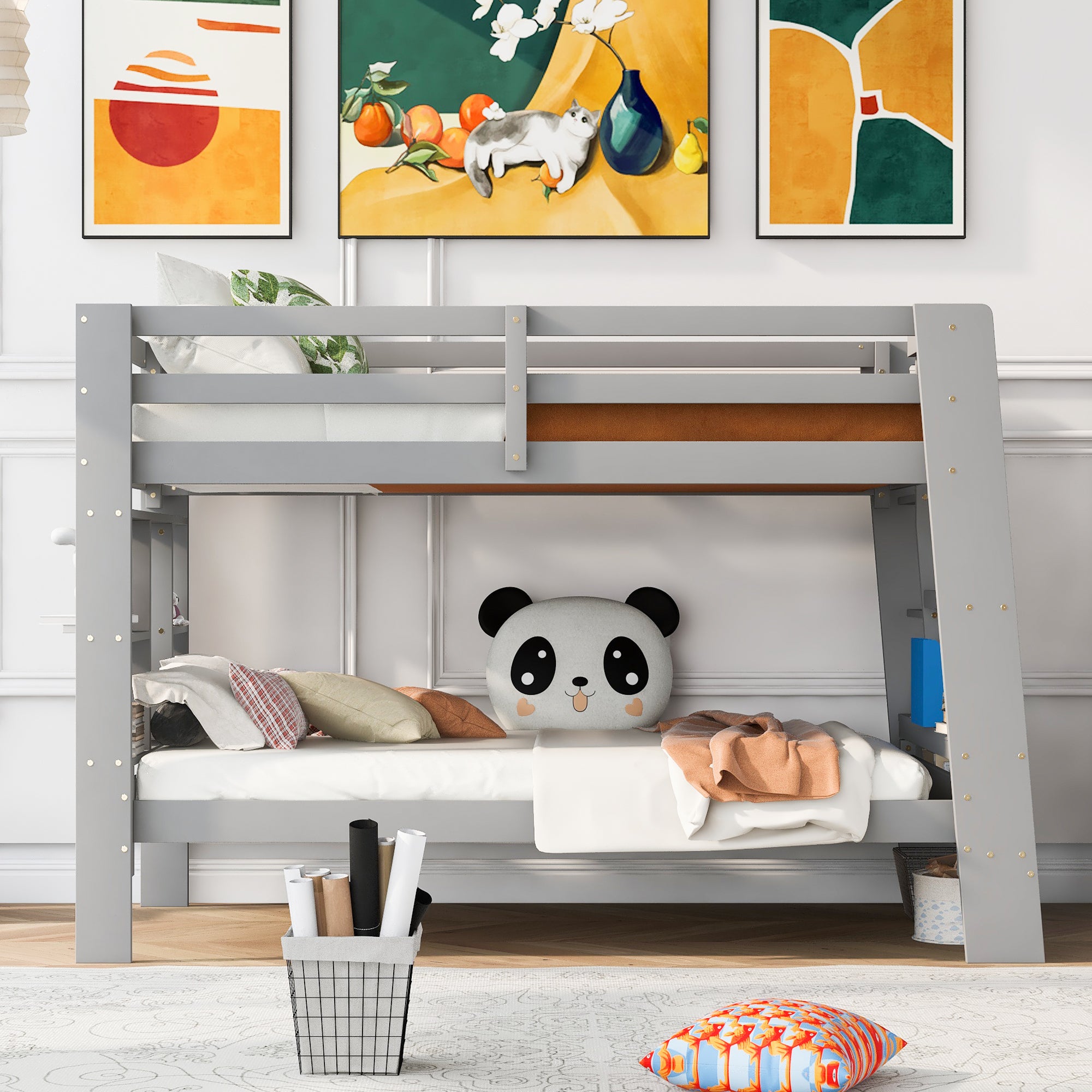 Twin over Twin Bunk Bed with Shelves and Built-in Ladder, Gray - Atlantic Fine Furniture Melbourne FL