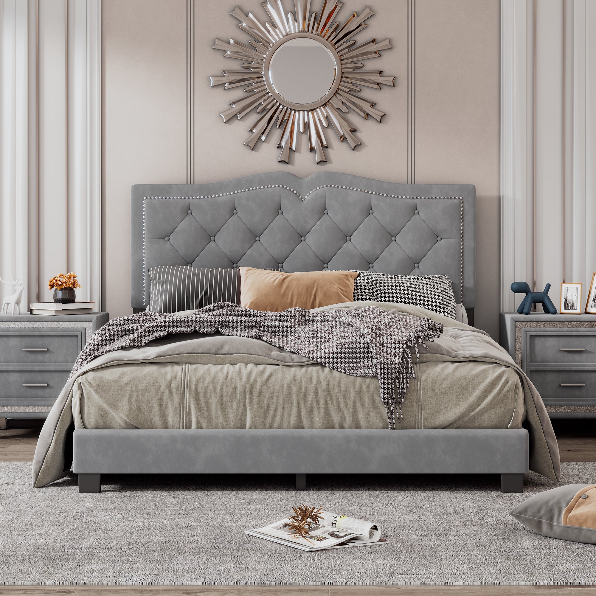 Queen Size Upholstered Bed Frame with Rivet Design, Modern Velvet Platform Bed with Tufted Headboard,Gray - Atlantic Fine Furniture Melbourne FL