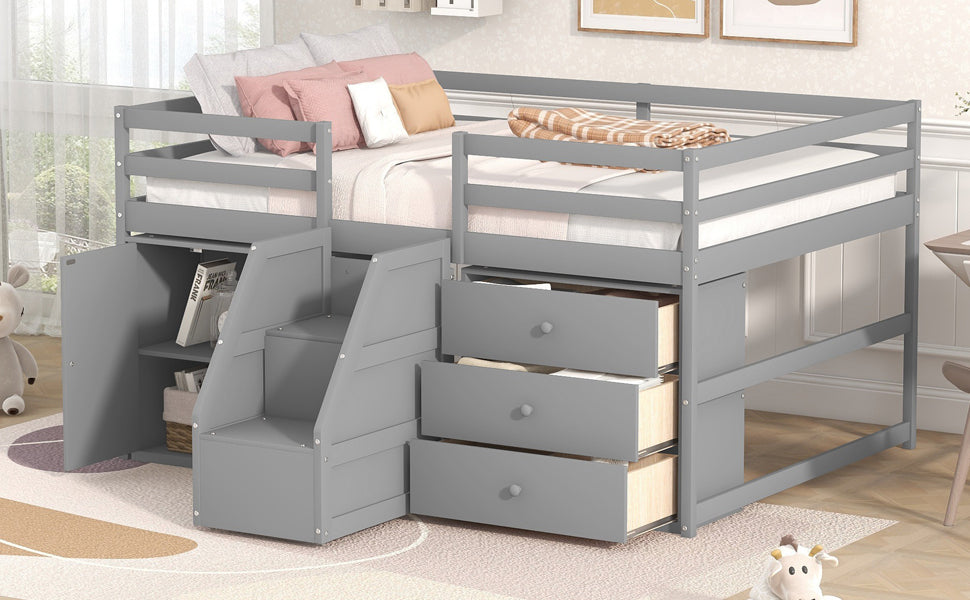 Full Size Functional Loft Bed with Cabinets and Drawers, Hanging Clothes at the back of the Staircase, Gray - Atlantic Fine Furniture Melbourne FL