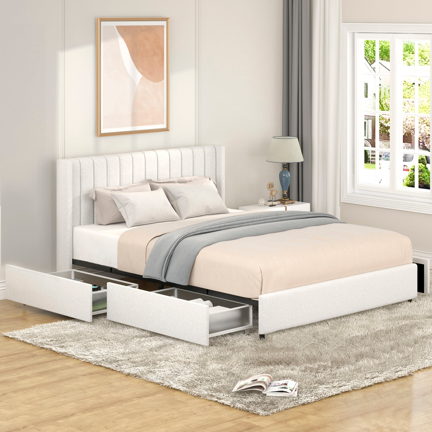 Anda Queen Size Ivory Boucle Upholstered Platform Bed with Patented 4 Drawers Storage, Tufted Headboard, Wooden Slat Mattress Support, No Box Spring Needed. - Atlantic Fine Furniture Melbourne FL