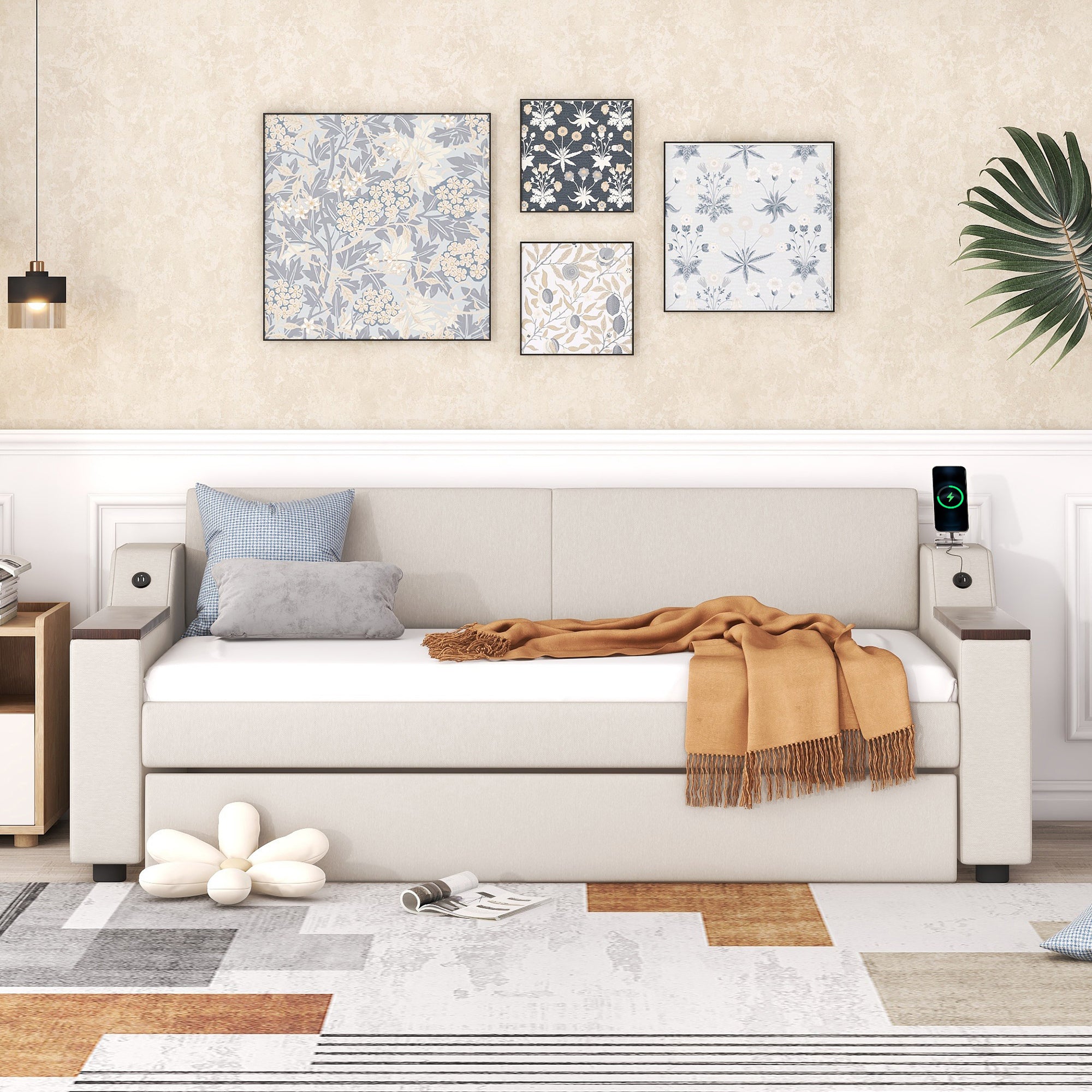 Twin Size Upholstery Daybed with Storage Arms, Trundle and USB Design, Beige - Atlantic Fine Furniture Melbourne FL