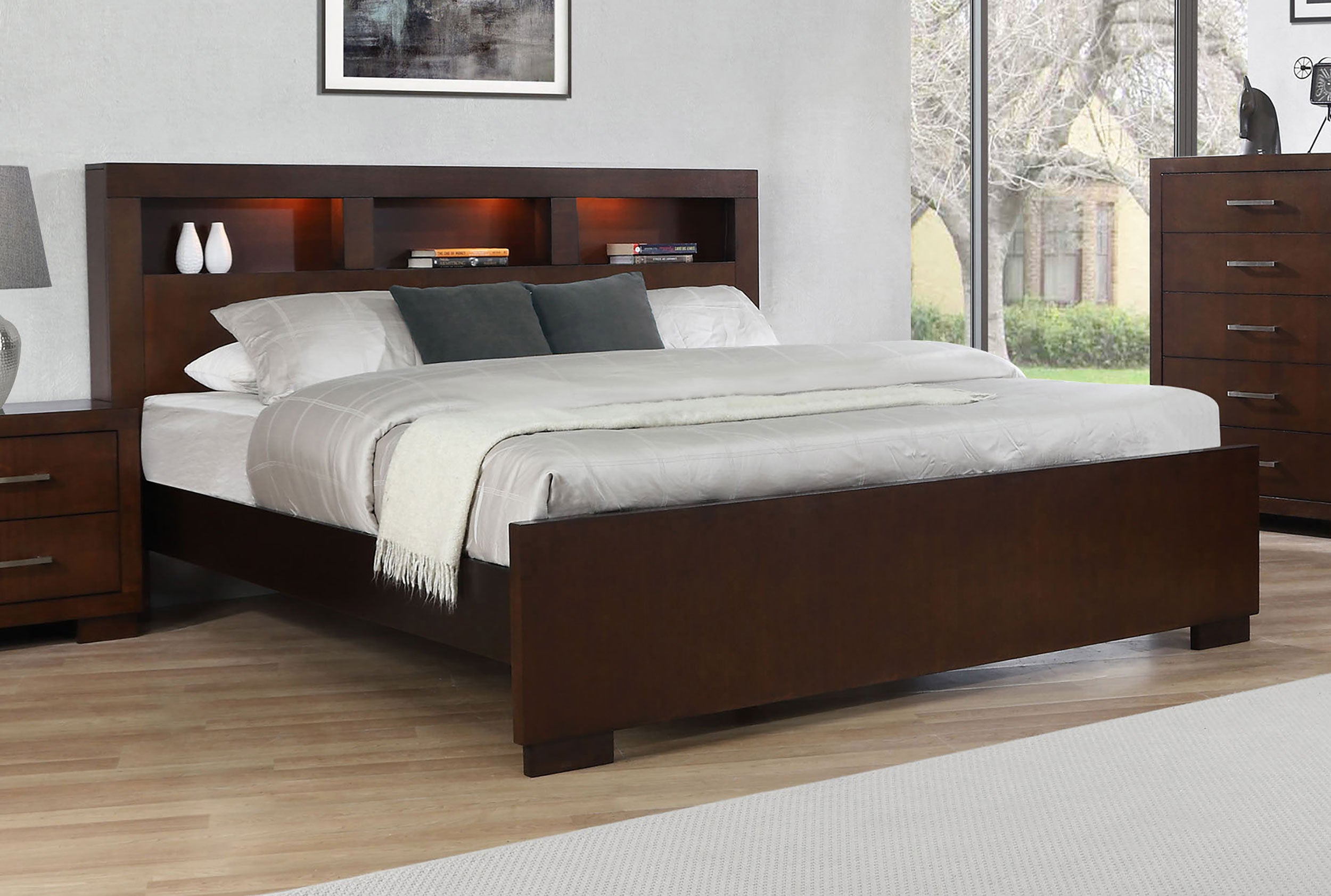 Jessica Wood Queen LED Storage Bookcase Bed Cappuccino — view 2