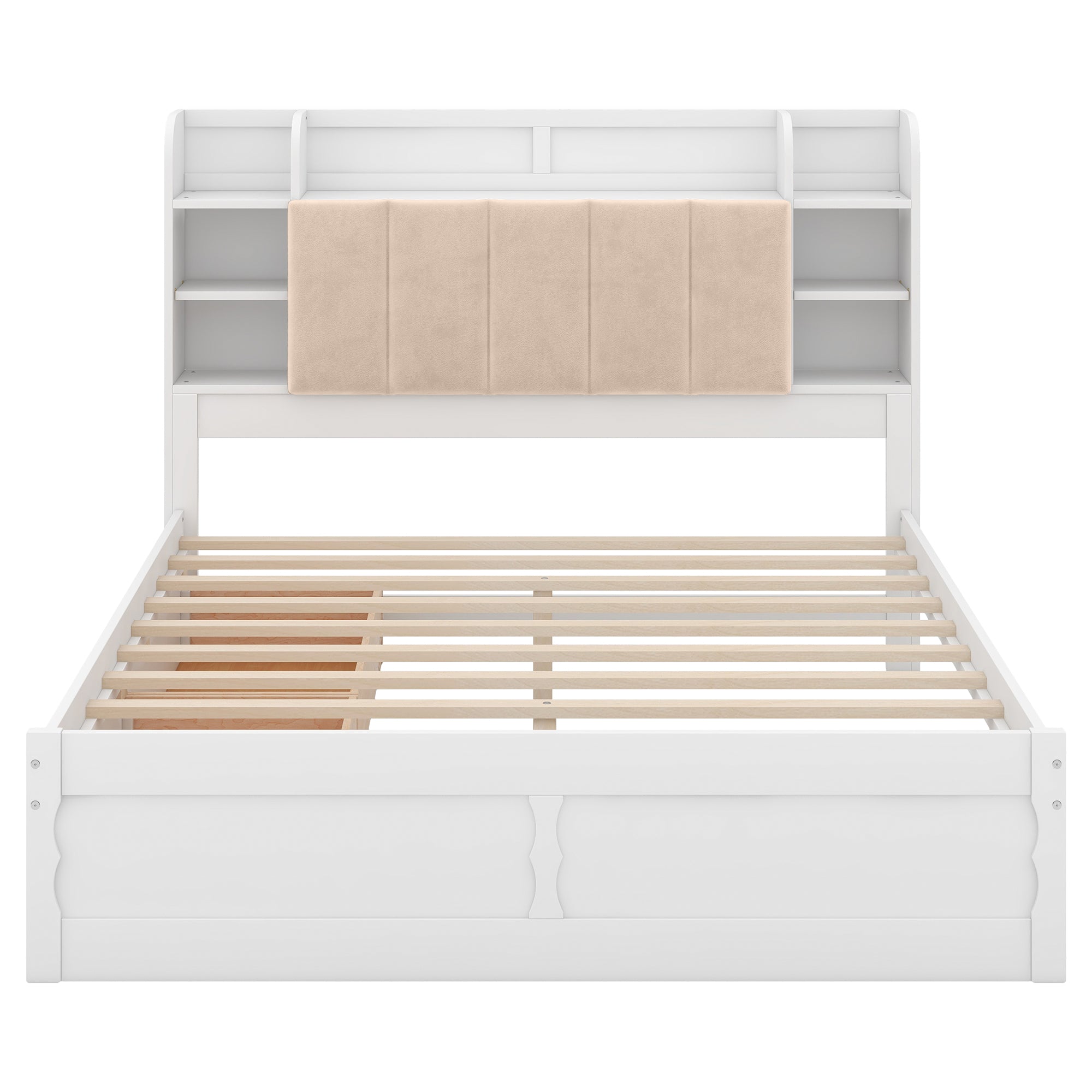 Wood Queen Size Platform Bed with Storage Headboard, Shelves and 2 Drawers, White - Atlantic Fine Furniture Melbourne FL