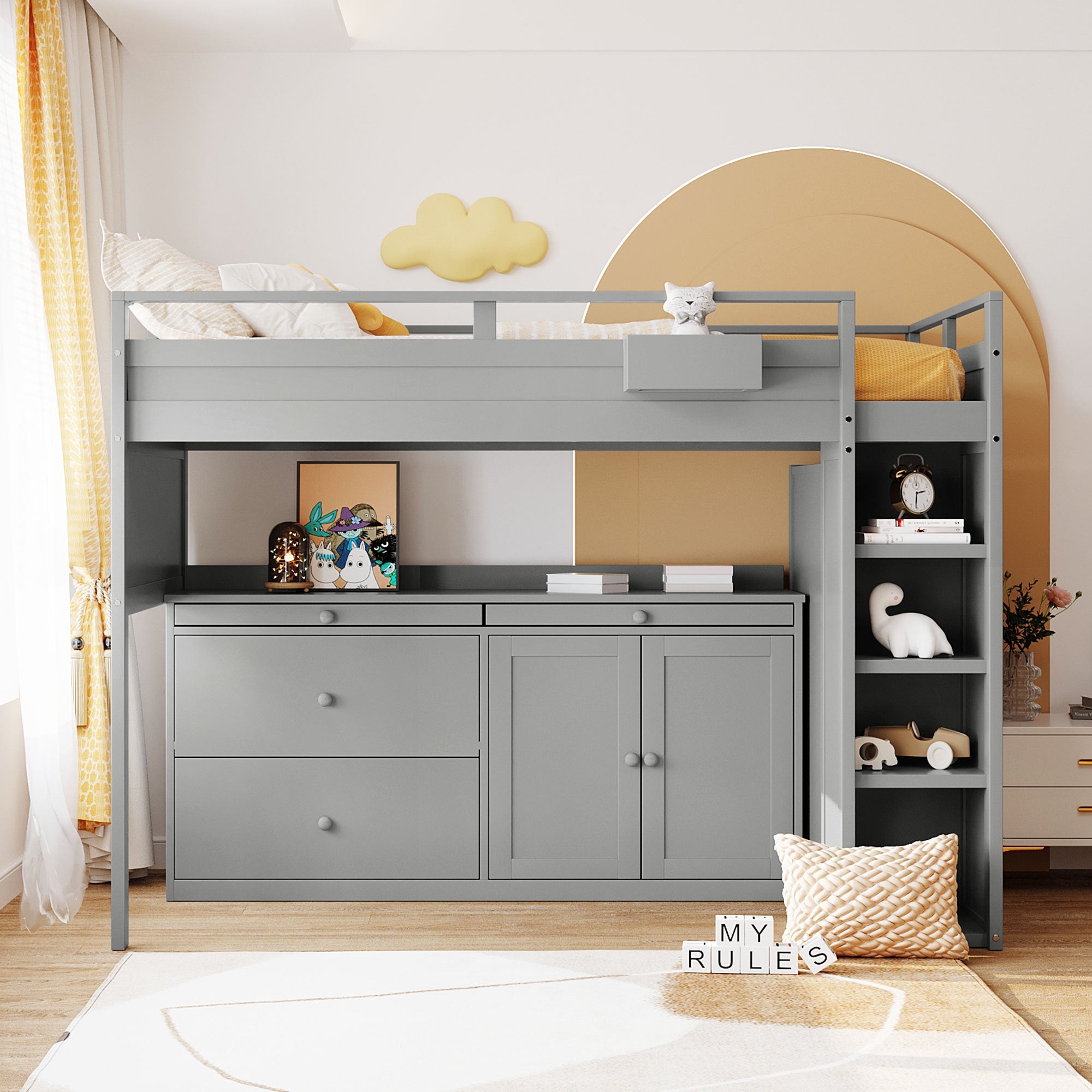 Loft Bed with Rolling Cabinet and Desk - Gray - Atlantic Fine Furniture Melbourne FL