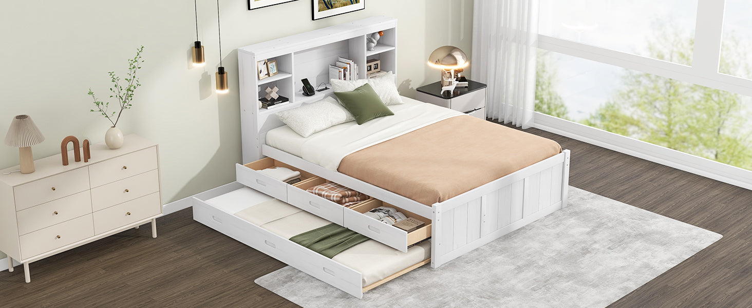 Full Size Platform Bed with Storage Headboard, Charging Station, Twin Size Trundle and 3 Drawers, Antique White - Atlantic Fine Furniture Melbourne FL