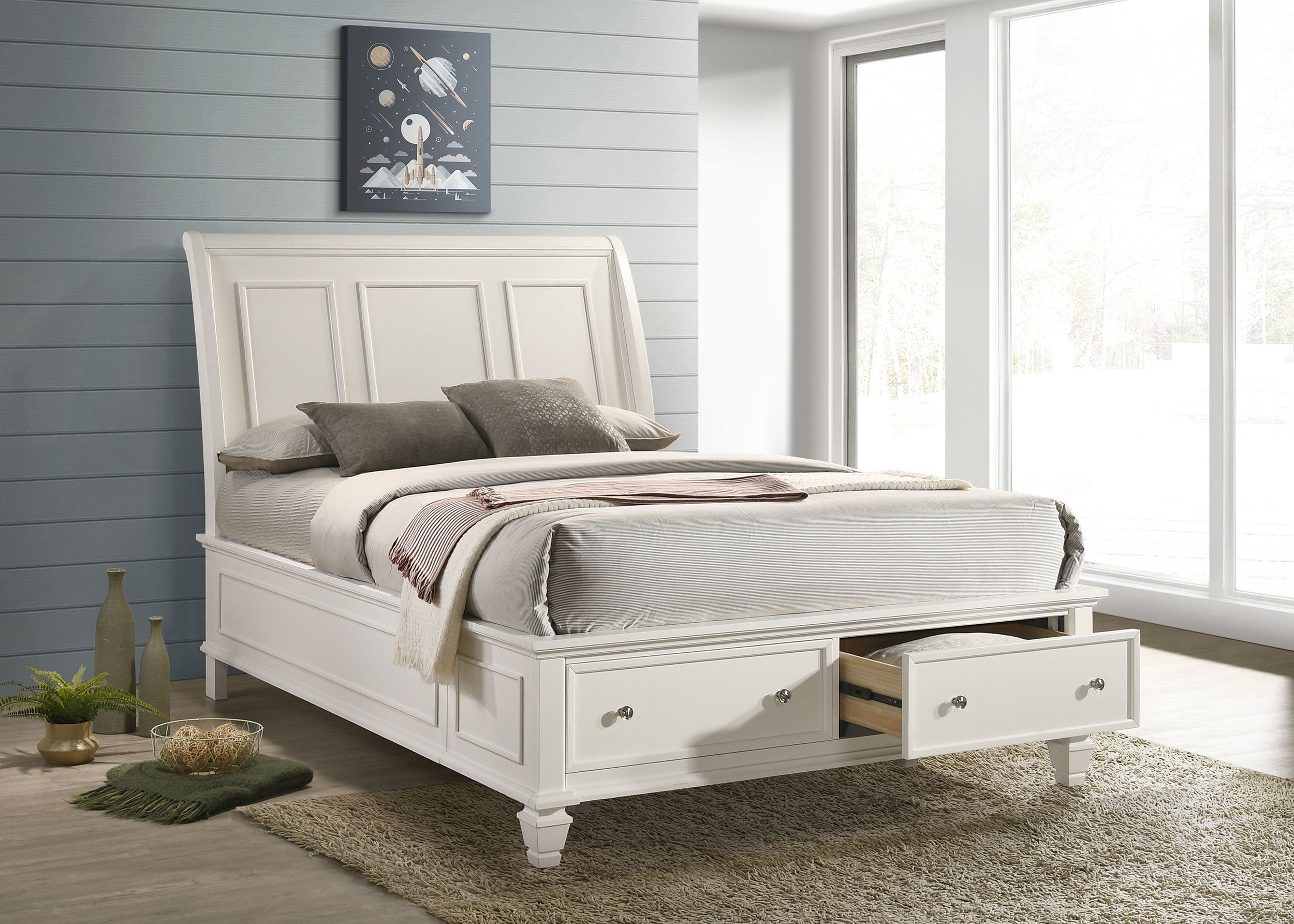 Sandy Beach Wood Queen Storage Panel Bed Cream White — view 2