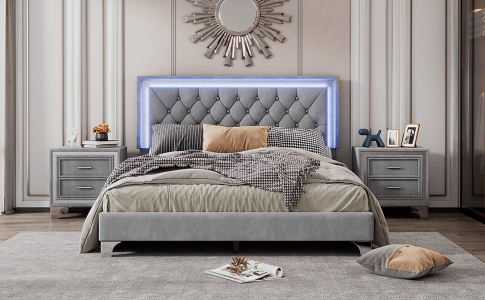 Queen Size Upholstered Bed Frame with LED Lights,Modern Velvet Platform Bed with Tufted Headboard,Gray - Atlantic Fine Furniture Melbourne FL
