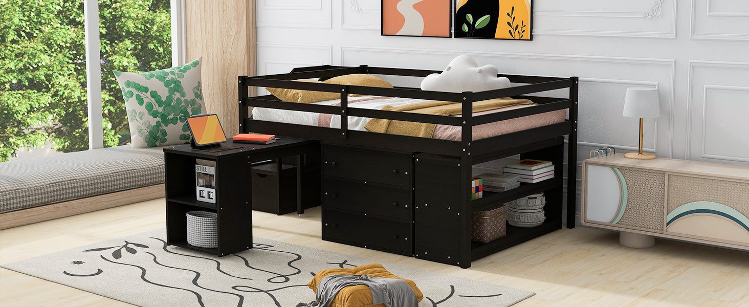 Full Size Loft Bed with Retractable Writing Desk and 3 Drawers, Wooden Loft Bed with Storage Stairs and Shelves, Espresso - Atlantic Fine Furniture Melbourne FL