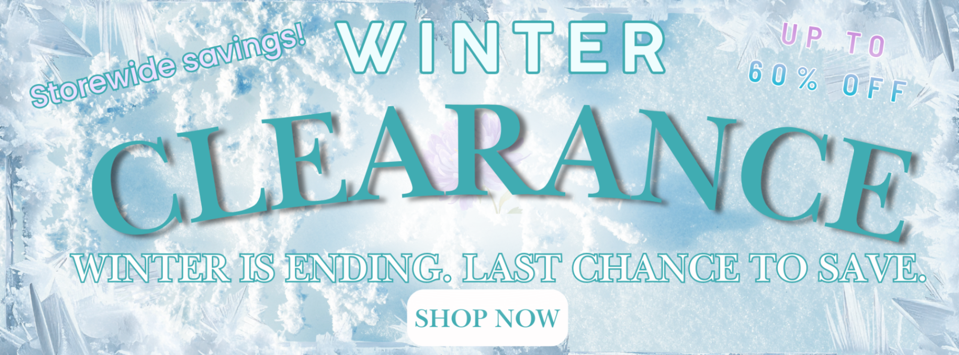 Winter clearance sale banner with icy background and text.