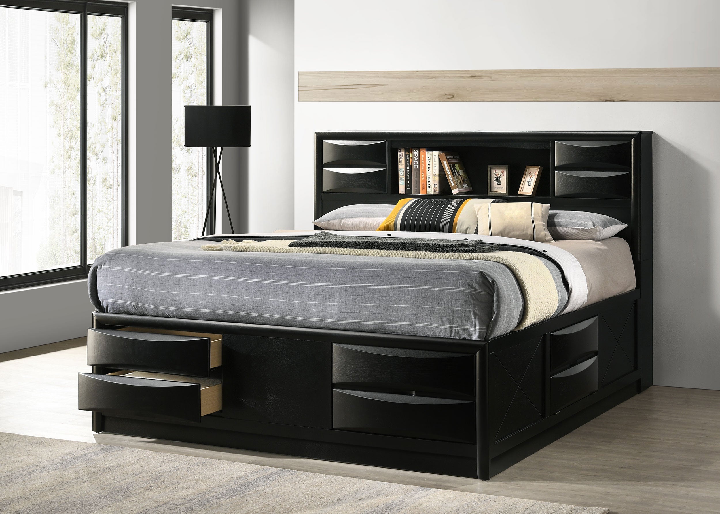 Briana Wood Eastern King Storage Bookcase Bed Black — view 2