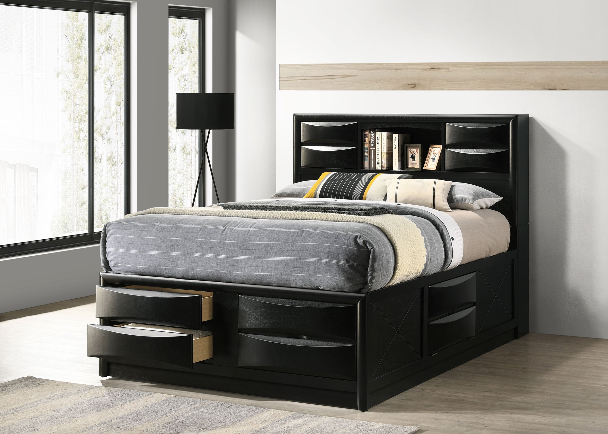 Briana Wood Queen Storage Bookcase Bed Black — view 2