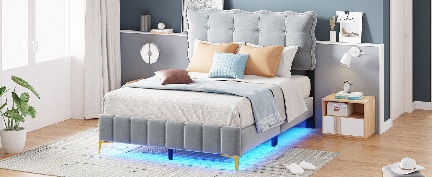 Full Size Velvet Platform Bed with LED Frame and Stylish Mental Bed Legs, Gray - Atlantic Fine Furniture Melbourne FL