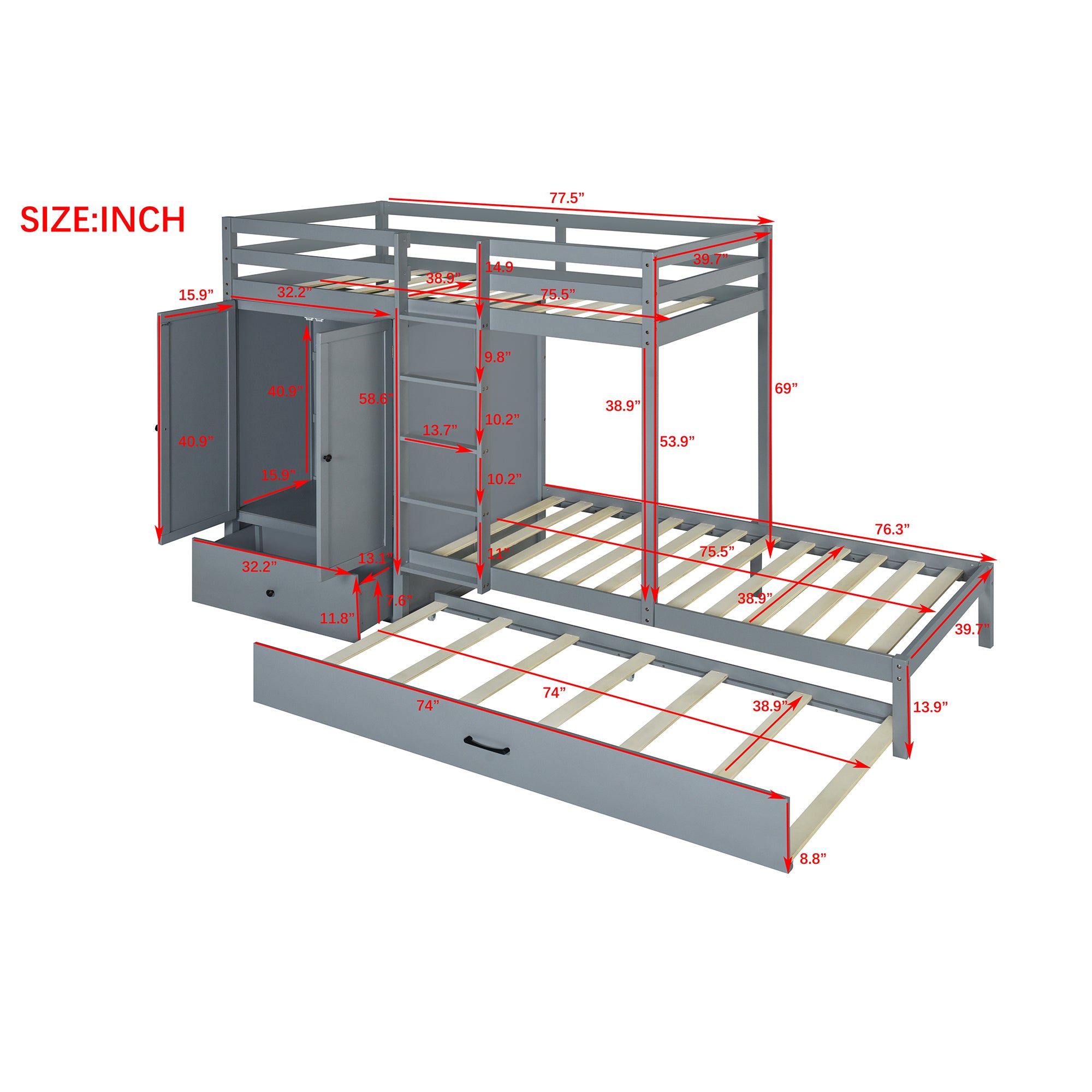 Twin-over-twin Bunk Bed with Wardrobe, Drawers and Shelves, Gray - Atlantic Fine Furniture Melbourne FL