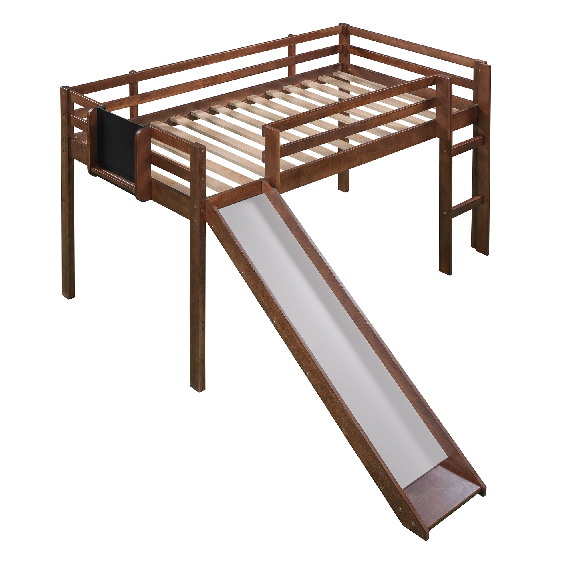Twin size Loft Bed Wood Bed with Slide, Stair and Chalkboard,Walnut(OLD SKU :WF282115AAL) - Atlantic Fine Furniture Melbourne FL