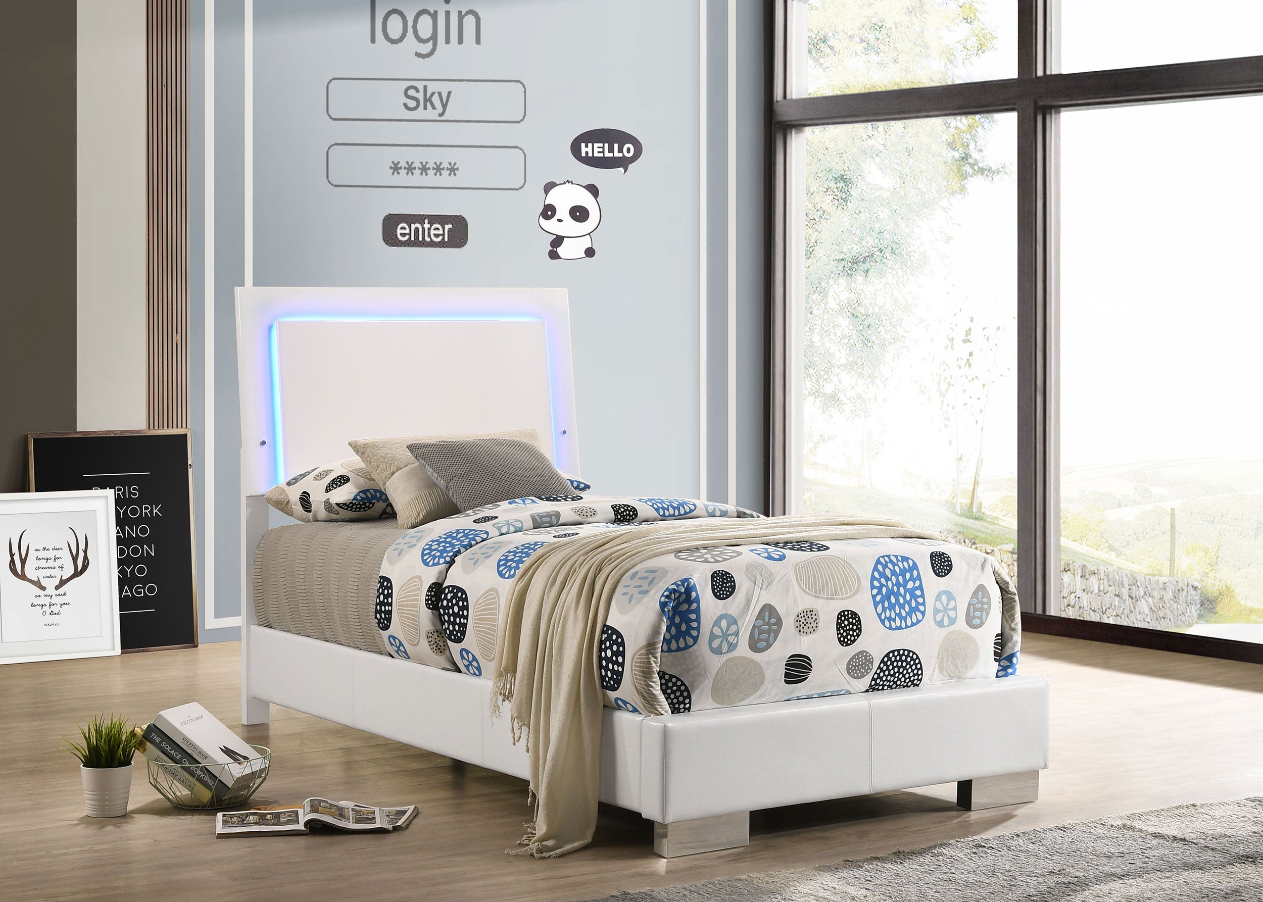 Felicity Wood Twin LED Panel Bed White High Gloss — view 2