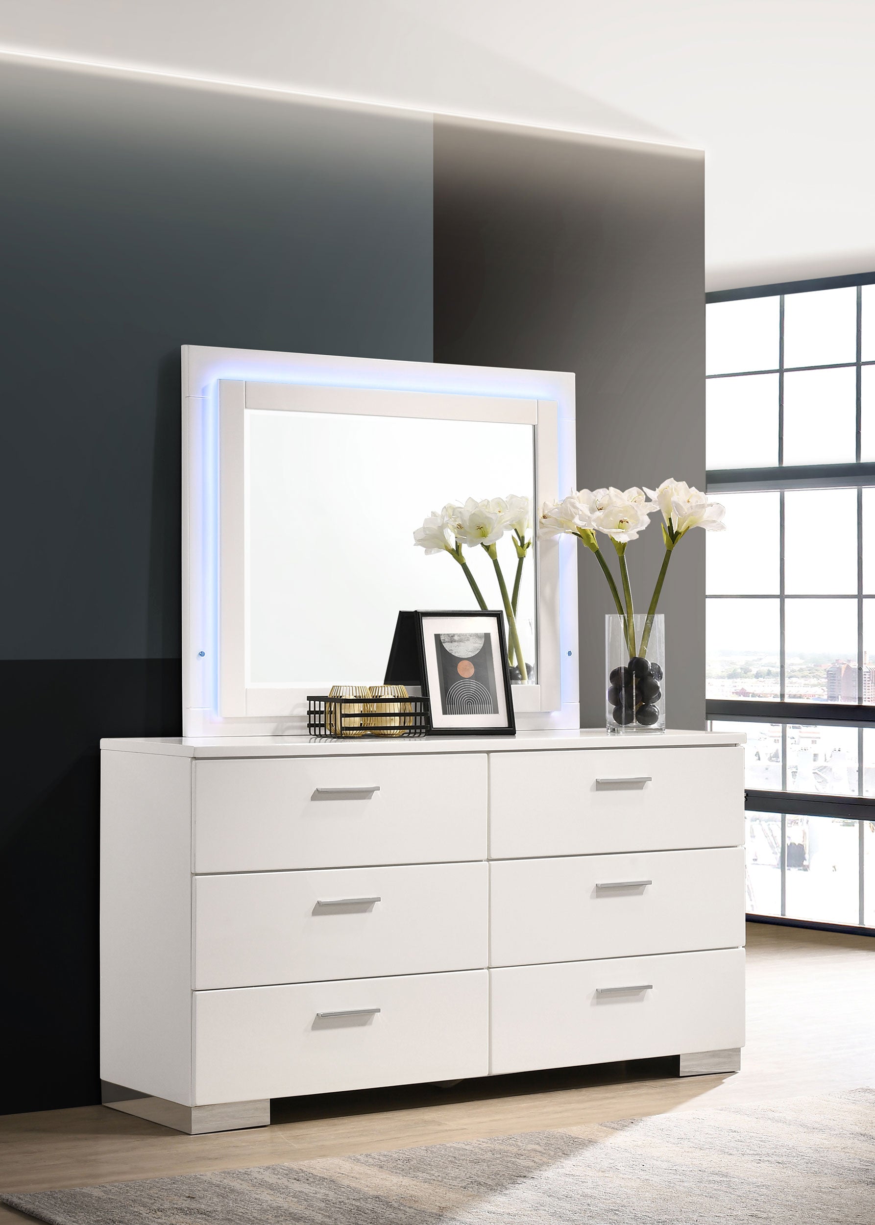 Felicity 6-drawer Dresser with LED Mirror White High Gloss — view 2