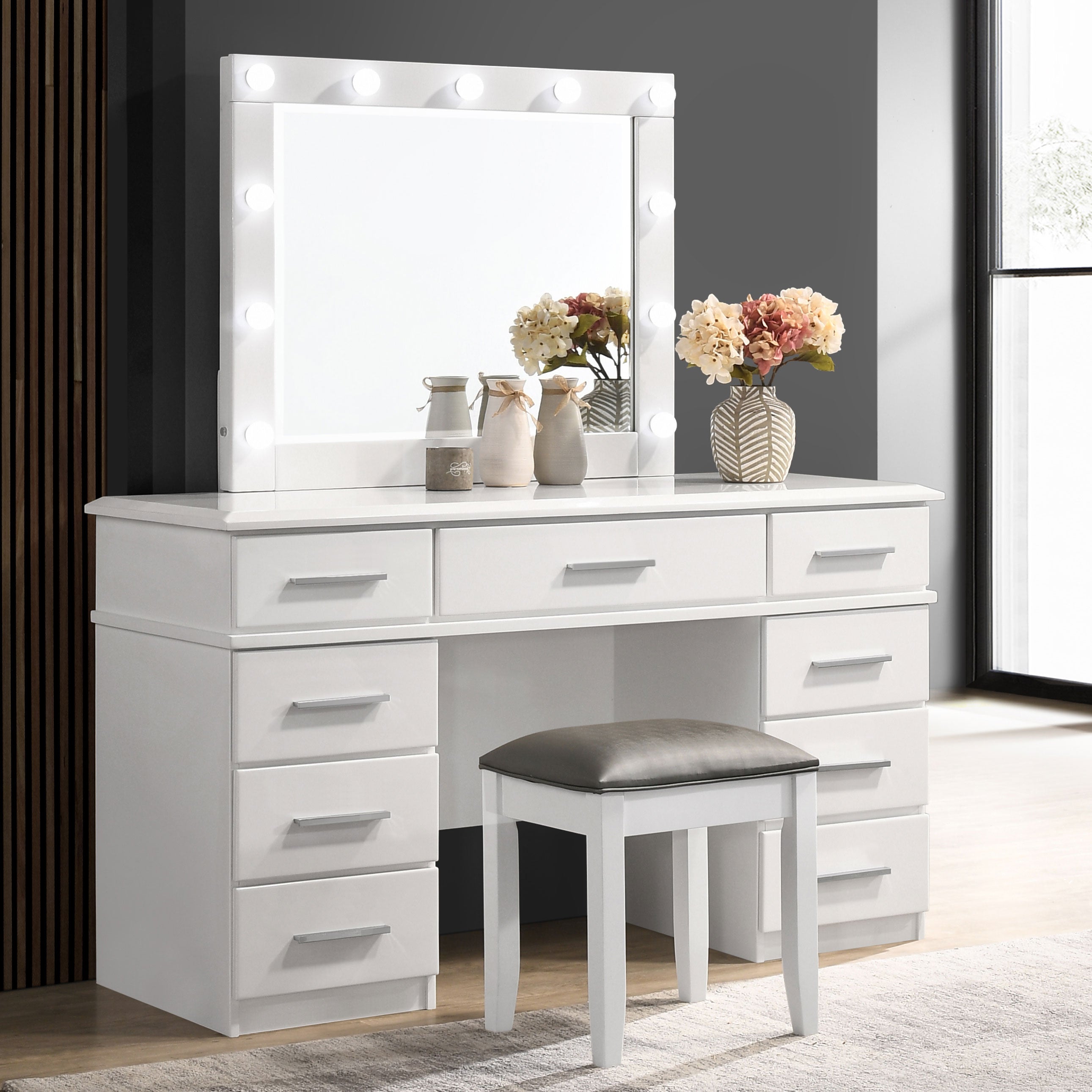 Felicity Upholstered Vanity Stool Metallic and Glossy White — view 4