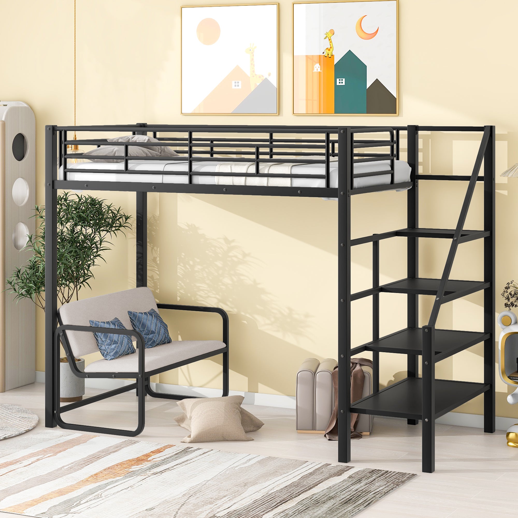 Twin Size Metal Loft Bed with Bench and Storage Staircase, Black - Atlantic Fine Furniture Melbourne FL