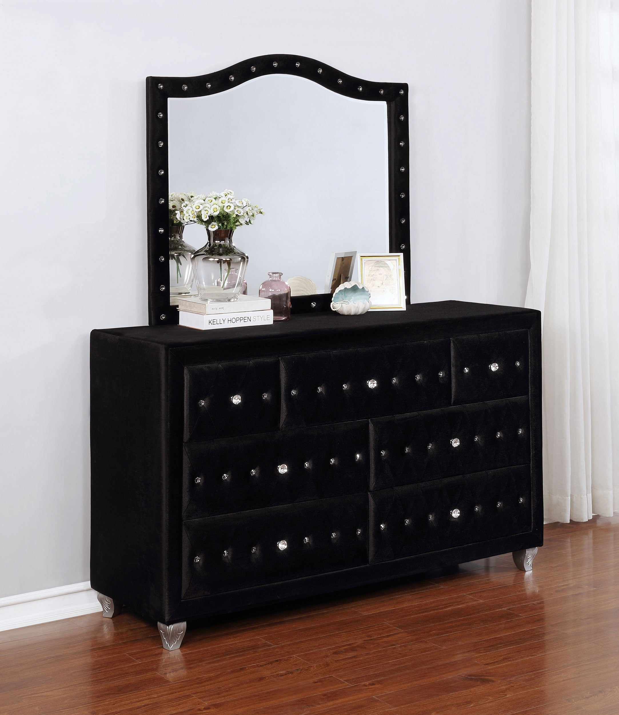 Deanna 7-drawer Upholstered Dresser with Mirror Black — view 2