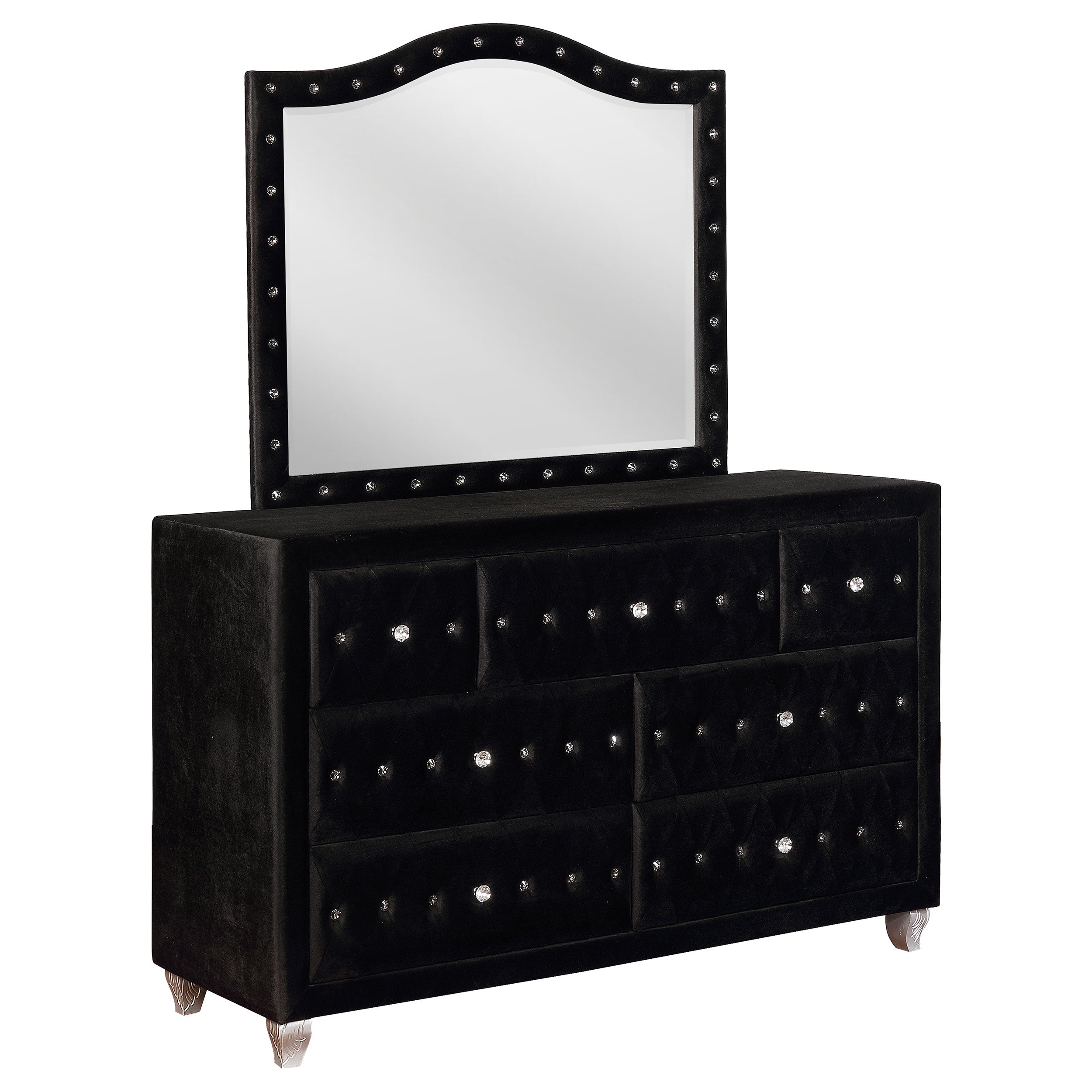 Deanna 7-drawer Upholstered Dresser with Mirror Black — view 1