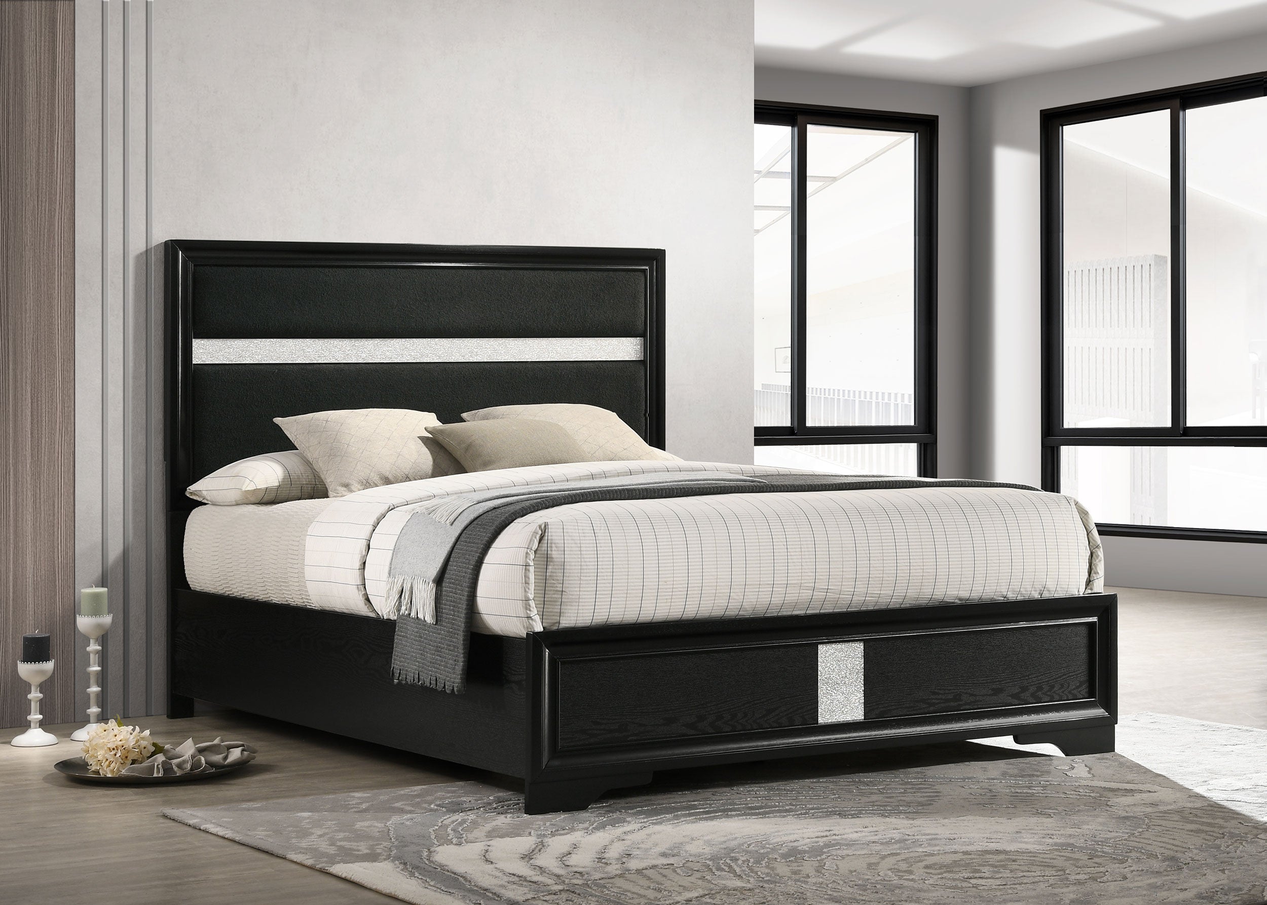 Miranda 54-inch Upholstered California King Panel Bed Black — view 2