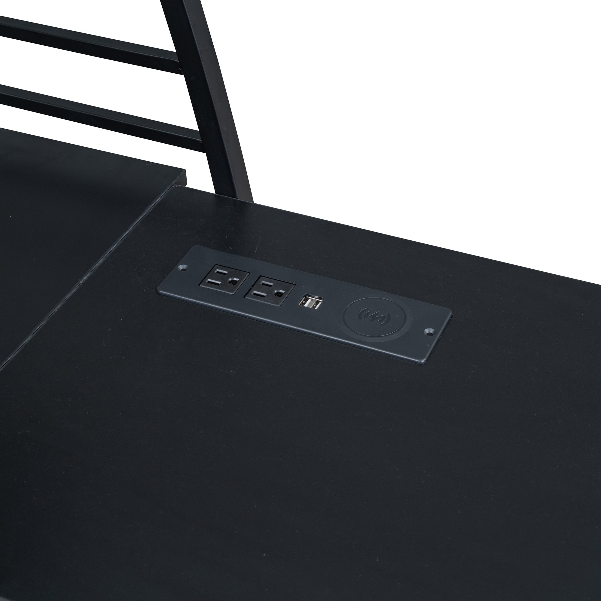 Full Size Loft Bed with 4 Layers of Shelves and L-shaped Desk, Stylish Metal Frame Bed with a set of Sockets, USB Ports and Wireless Charging, Black - Atlantic Fine Furniture Melbourne FL