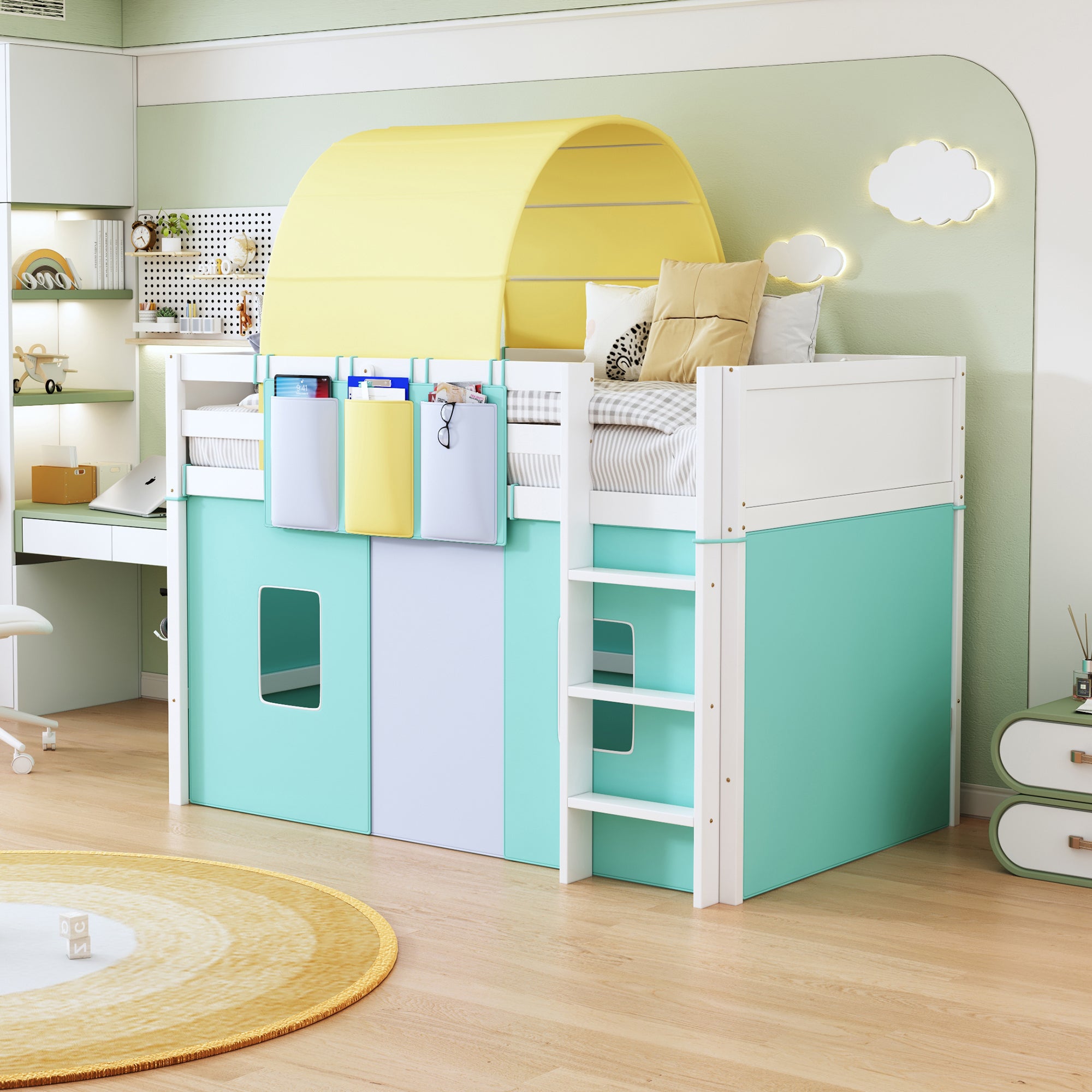 Twin Size Loft Bed with Tent and Tower and Three Pockets- Green - Atlantic Fine Furniture Melbourne FL