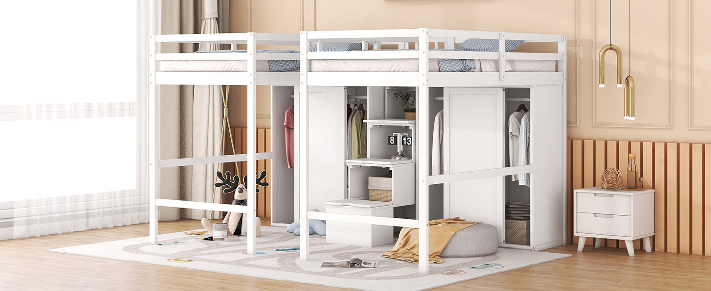 Double Twin Loft Beds with Wardrobes and Staircase, White - Atlantic Fine Furniture Melbourne FL