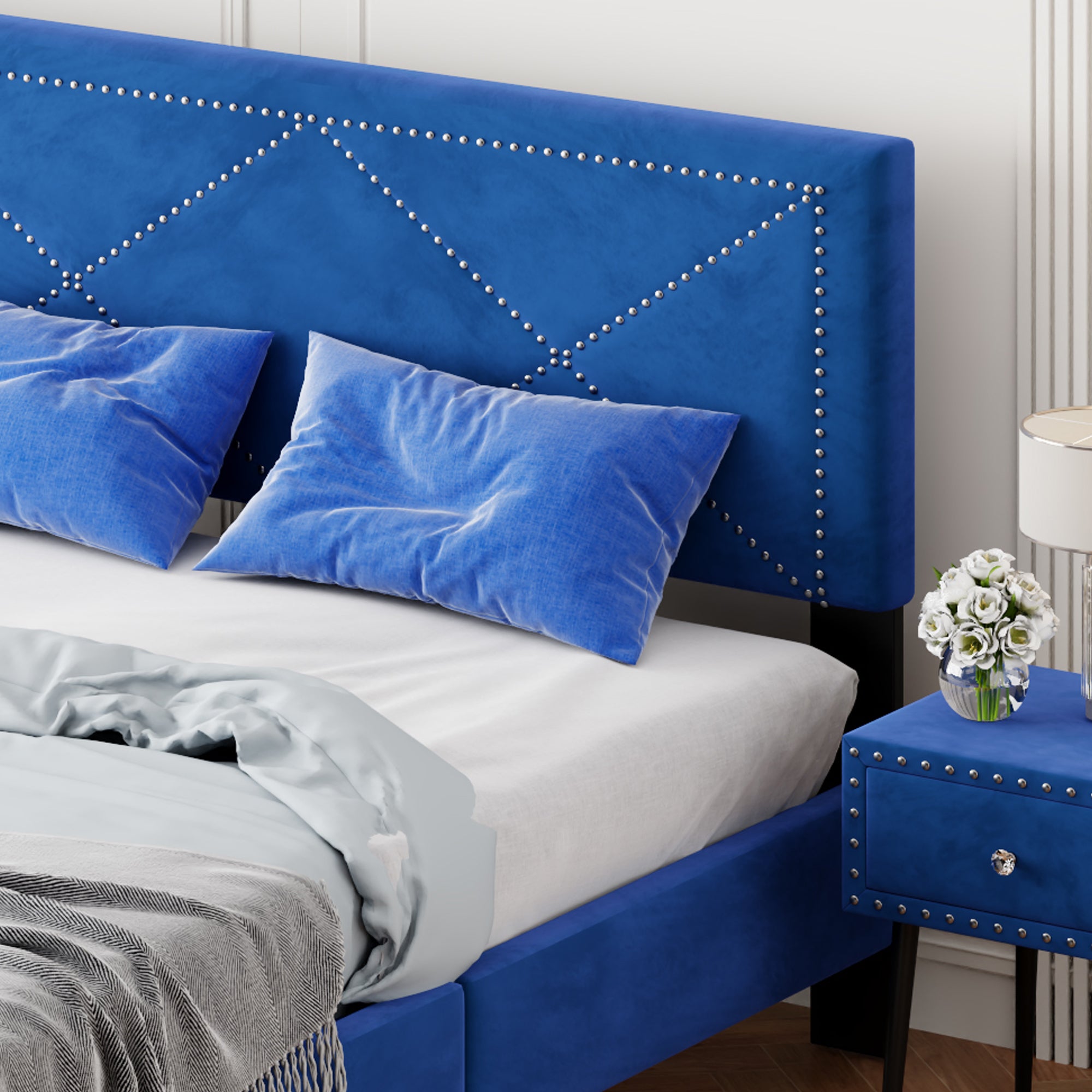 Simple Queen Size Upholstered Bed Frame with Rivet Design, Modern Velvet Platform Bed with headboard, Blue - Atlantic Fine Furniture Melbourne FL