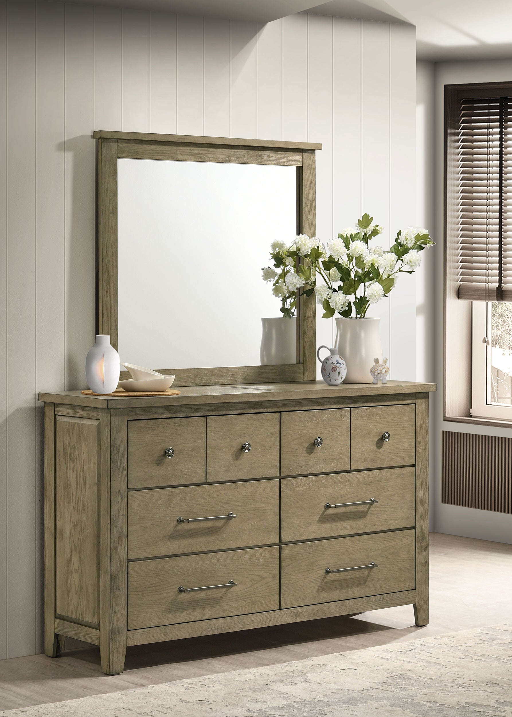 Hazlewood 6-drawer Bedroom Dresser with Mirror Vineyard Oak — view 2