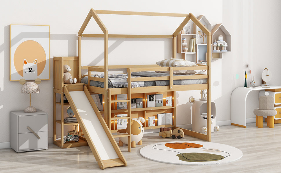 Twin Size Wood House Loft bed with Slide, Storage shelves and Light, Climbing Ramp, Wood Color - Atlantic Fine Furniture Melbourne FL