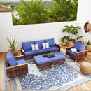 7 Pieces Patio, Wicker Dining Set With Removable Cushions Cotton And Rattan - Blue